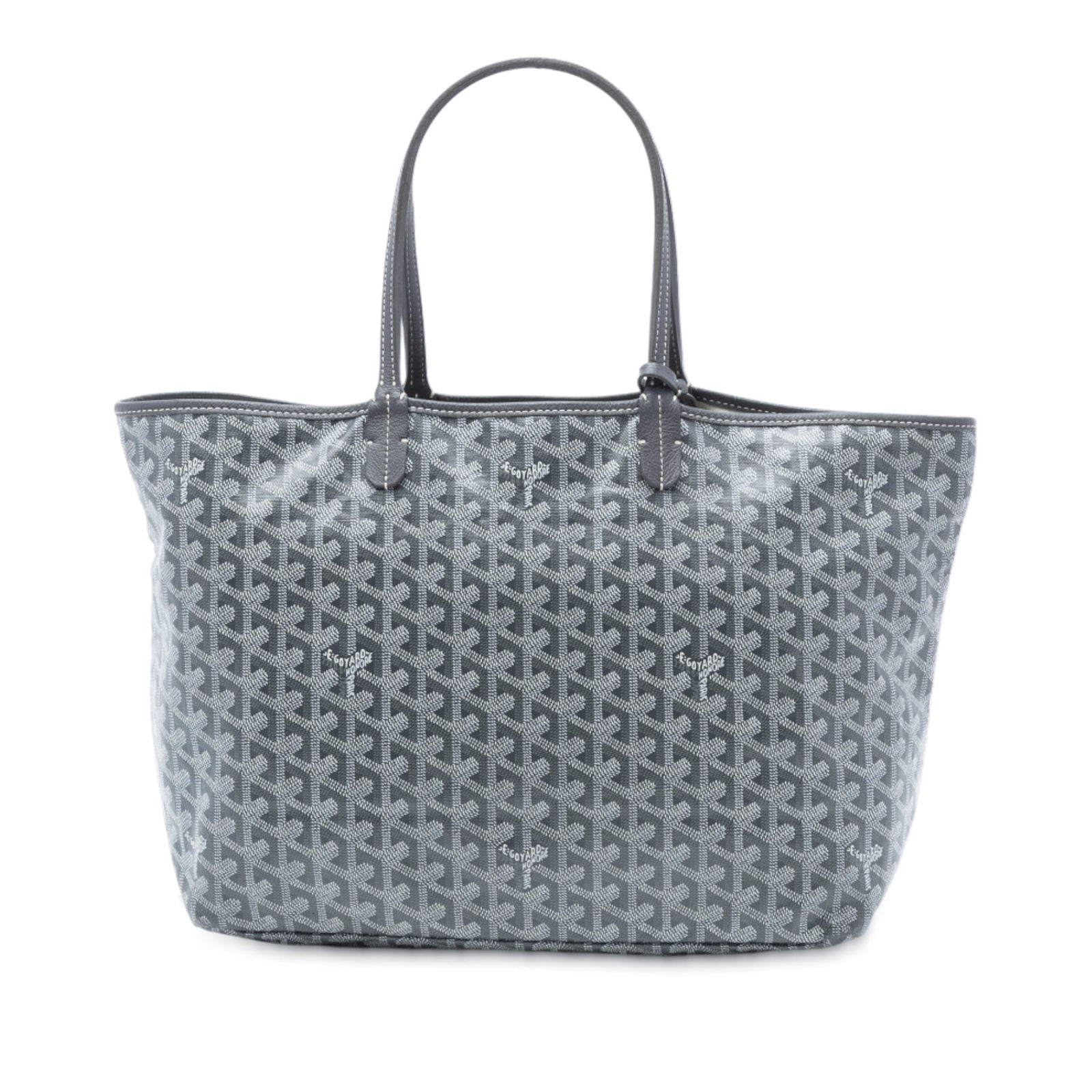 Goyard Saint Louis PM Gray Coated Canvas Tote with Pouch: Goyard Saint Louis PM Gray Coated Canvas Tote with Pouch This Saint Louis PM bag features a coated canvas body with flat leather straps, an open top, and includes an interior pouch. The bag is gray in