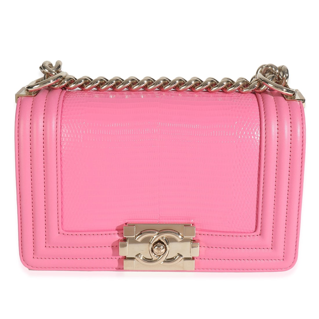 Chanel Small Boy Bag Pink Lambskin Leather Exotic 2019 Gold-Tone: Chanel Small Boy Bag Pink Lambskin Leather Exotic 2019 Gold-Tone This exquisite Chanel Small Boy Bag is crafted from luxurious pink lambskin leather, featuring exotic lizard accents. Its elegant desig