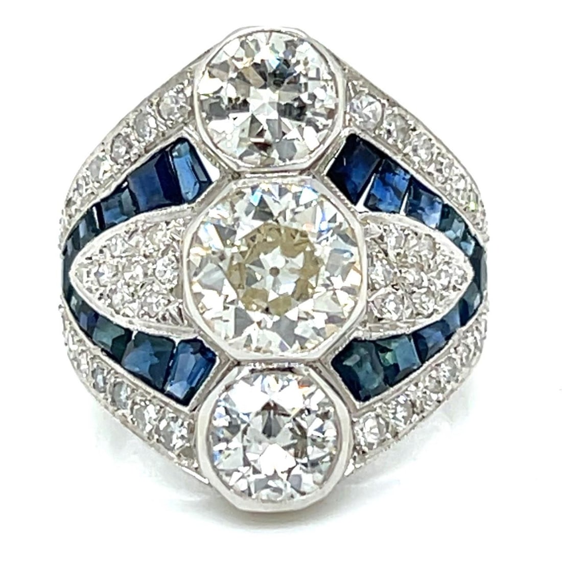 Three-Stone Platinum Ring with Diamonds and Sapphires (1 of 5)