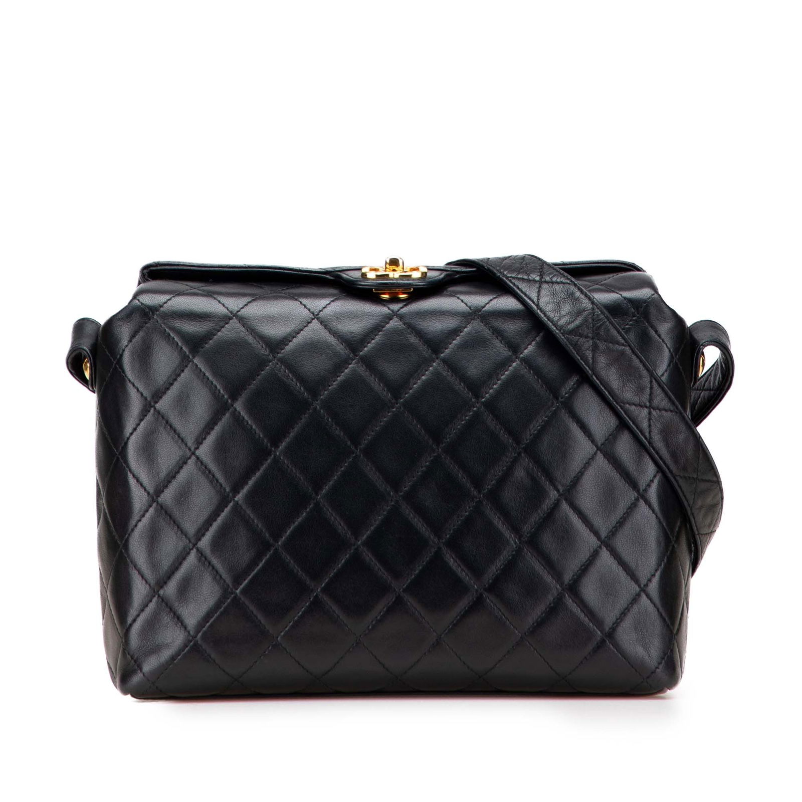 Chanel CC Quilted Lambskin Crossbody Bag Black Leather: Chanel CC Quilted Lambskin Crossbody Bag Black Leather This Chanel CC Quilted Lambskin Crossbody bag showcases a luxurious quilted lambskin leather exterior in classic black. It features a flat leathe