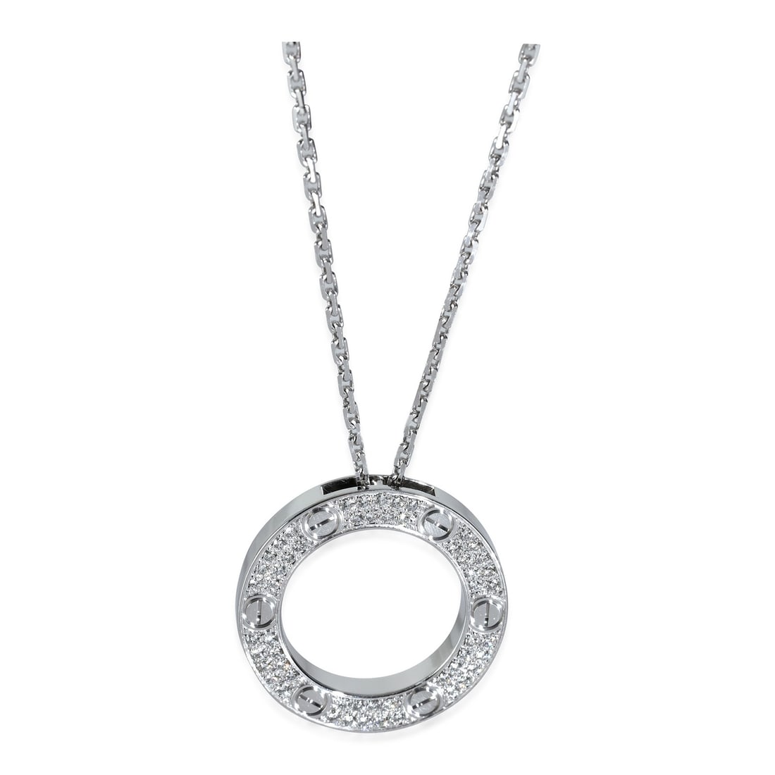 Cartier Love Necklace 18k White Gold Diamonds Unisex with Box and Papers: Cartier Love Necklace 18k White Gold Diamonds Unisex with Box and Papers This exquisite Cartier Love Necklace features a stunning round brilliant diamond, expertly set in luxurious 18k white gold. The