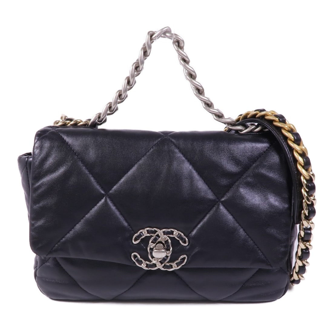CHANEL C19 Small Shoulder Bag Black Lambskin SHW: CHANEL C19 Small Shoulder Bag Black Lambskin SHW This CHANEL shoulder bag is crafted from luxurious lambskin leather in a classic black color. The bag features a compact design with dimensions of 10.2