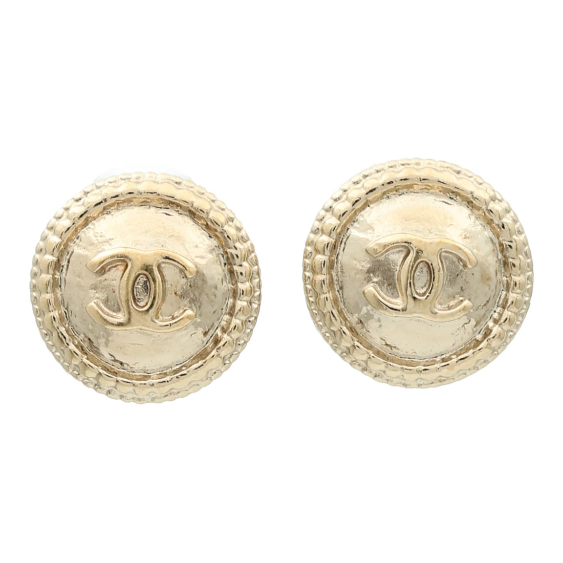 Gold Metal Pierced Earrings by CHANEL with CC Logo: Gold Metal Pierced Earrings by CHANEL with CC Logo These CHANEL CC pierced earrings feature a gold-tone finish and showcase the iconic CC logo. Made in France, they are designed for regular size and d