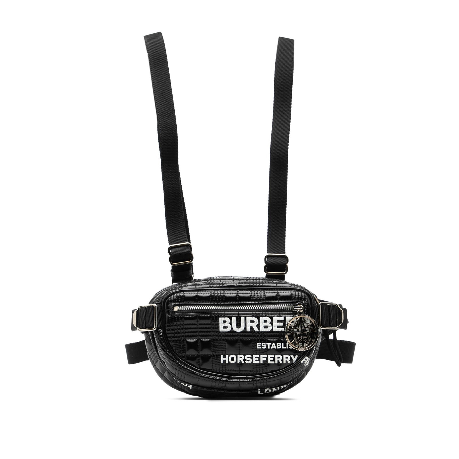 Burberry Cannon Belt Bag with Horseferry Print in Coated Canvas: Burberry Cannon Belt Bag with Horseferry Print in Coated Canvas This Burberry Horseferry Printed Cannon Utility Belt Bag features a coated canvas body with leather trim, an adjustable flat waist strap