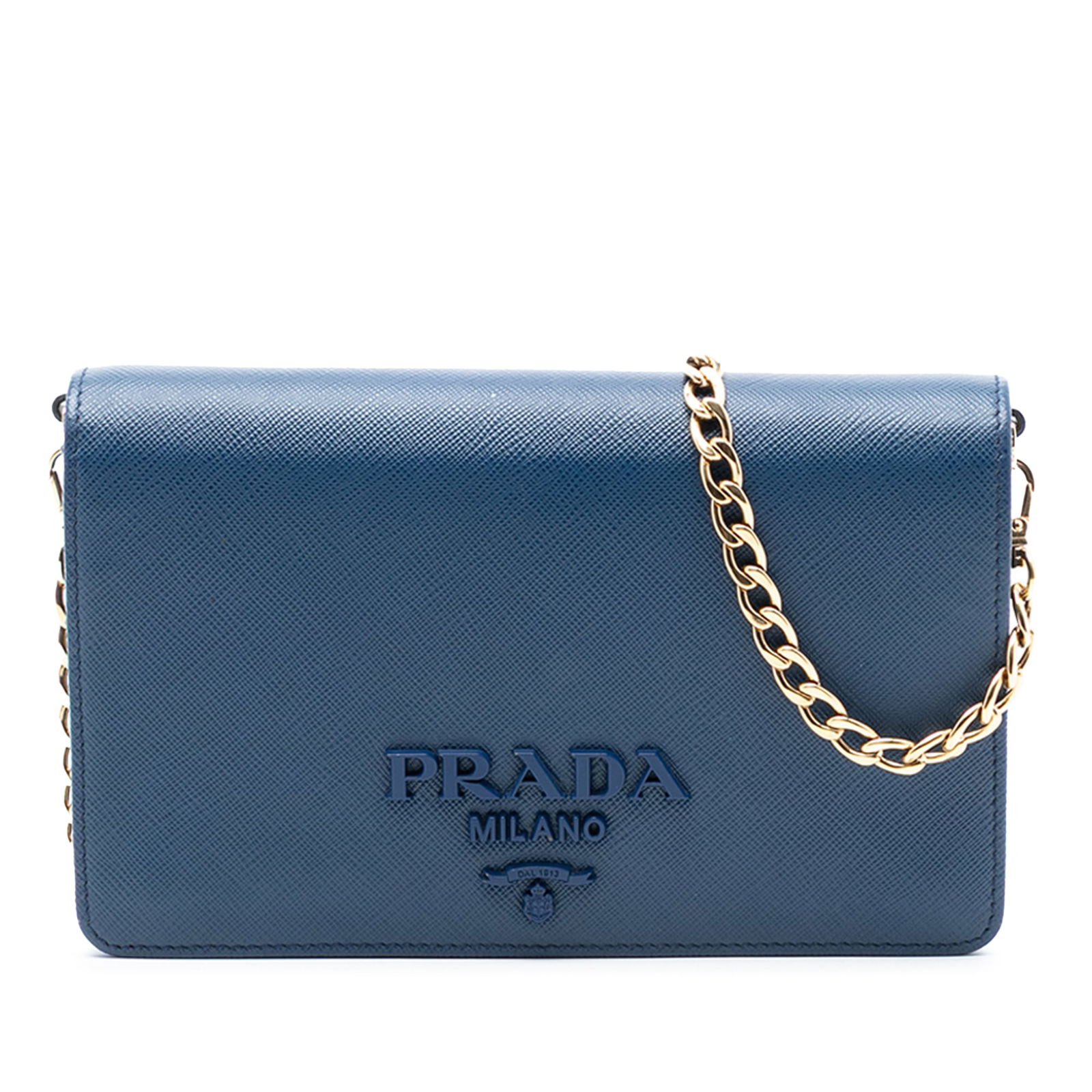 Blue Saffiano Leather Prada Crossbody Bag with Chain Strap: Blue Saffiano Leather Prada Crossbody Bag with Chain Strap This Prada Saffiano Lux Monochrome Wallet on Chain is crafted from saffiano leather in blue and features a crossbody design with a chain stra