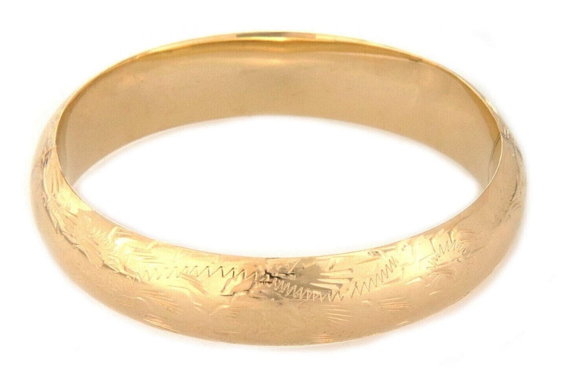 Wide Hinged 14k Yellow Gold Bangle Bracelet with Floral Motif (1 of 6)