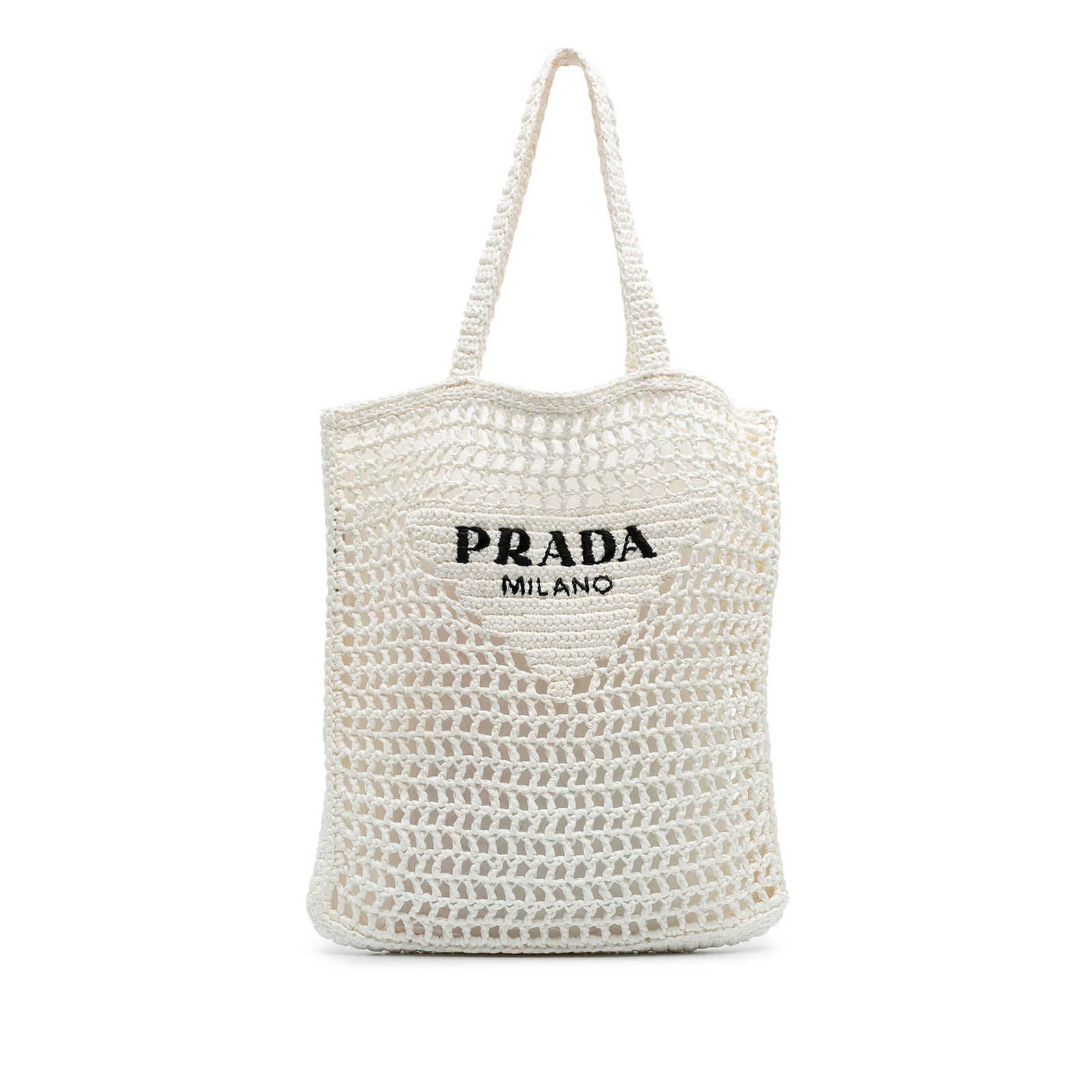 Prada Raffia Effect Crochet Tote Bag with Logo Embroidery: Prada Raffia Effect Crochet Tote Bag with Logo Embroidery This elegant Prada tote bag showcases a sophisticated woven raffia body with flat raffia handles and an open top design, perfect for both styl