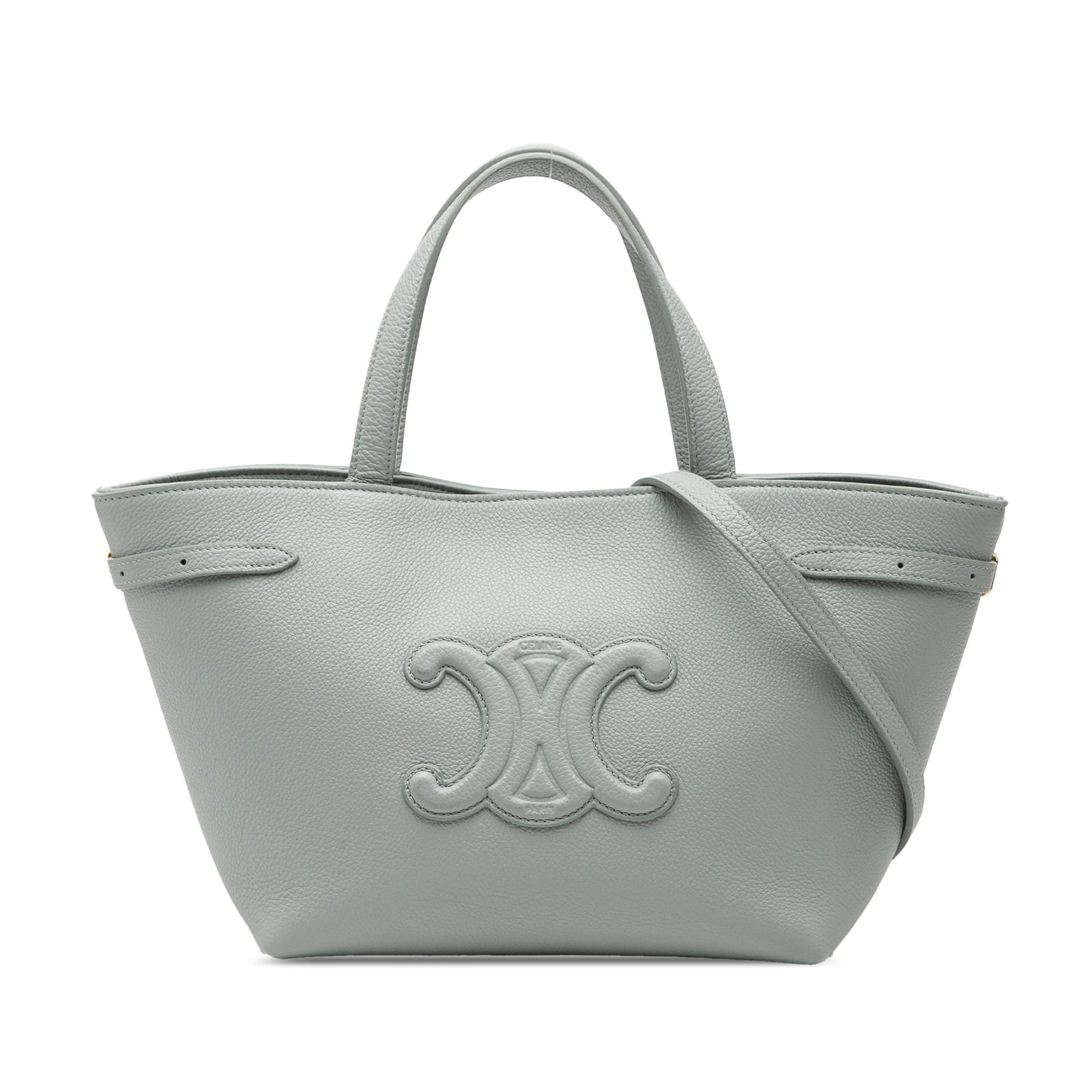 Celine Cabas Anais Mini Tote Grained Calfskin Leather Triomphe Gray: Celine Cabas Anais Mini Tote Grained Calfskin Leather Triomphe Gray This Celine Mini Grained Calfskin Cuir Triomphe Cabas Anais Tote features a grained leather body in gray, flat handles, a detachable