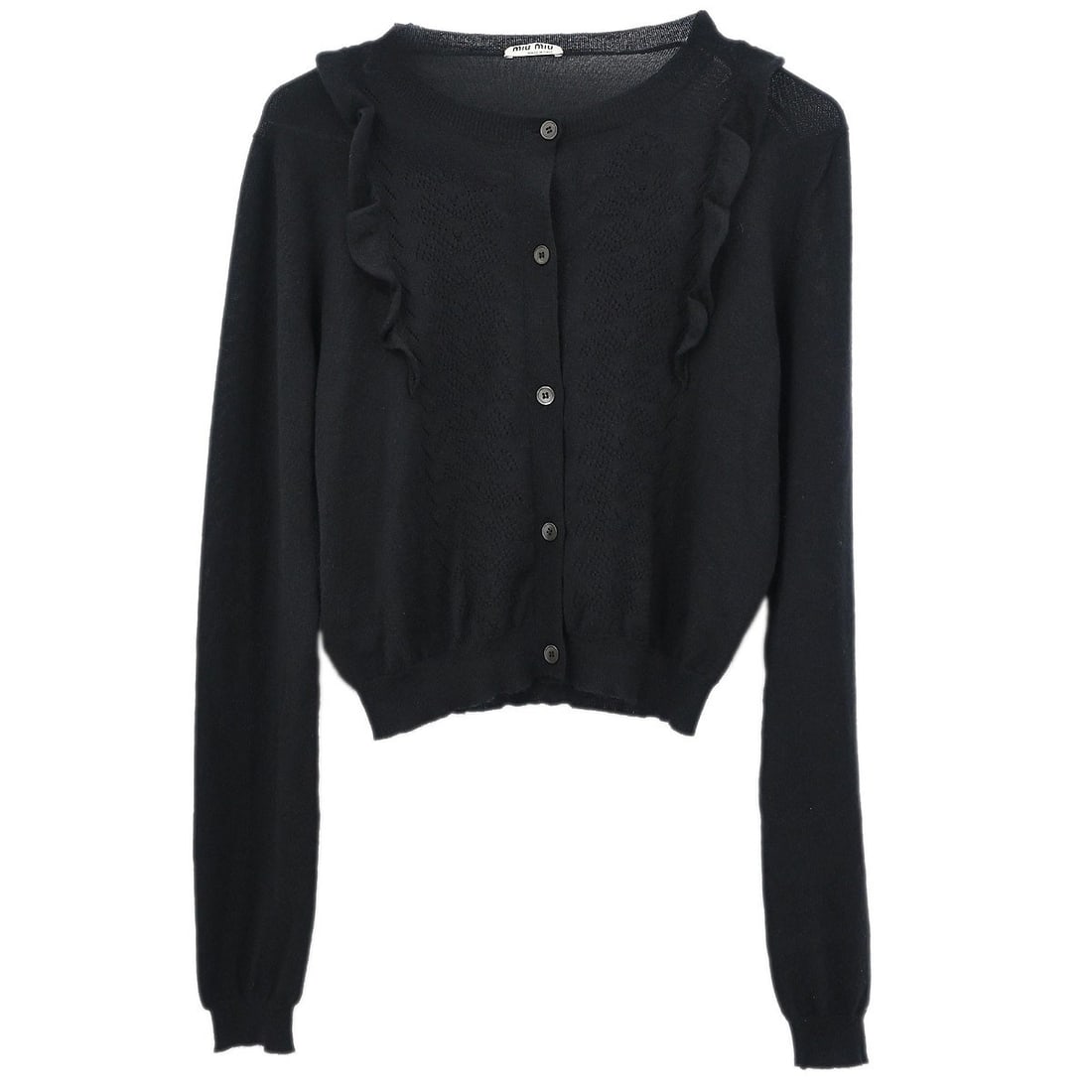Black Miu Miu Cardigan Sweater Cashmere Silk Size 38 MMC960 1LPG: Black Miu Miu Cardigan Sweater Cashmere Silk Size 38 MMC960 1LPG This Miu Miu cardigan features a classic round neckline and long sleeves, designed for a regular fit in a timeless black color. Crafted