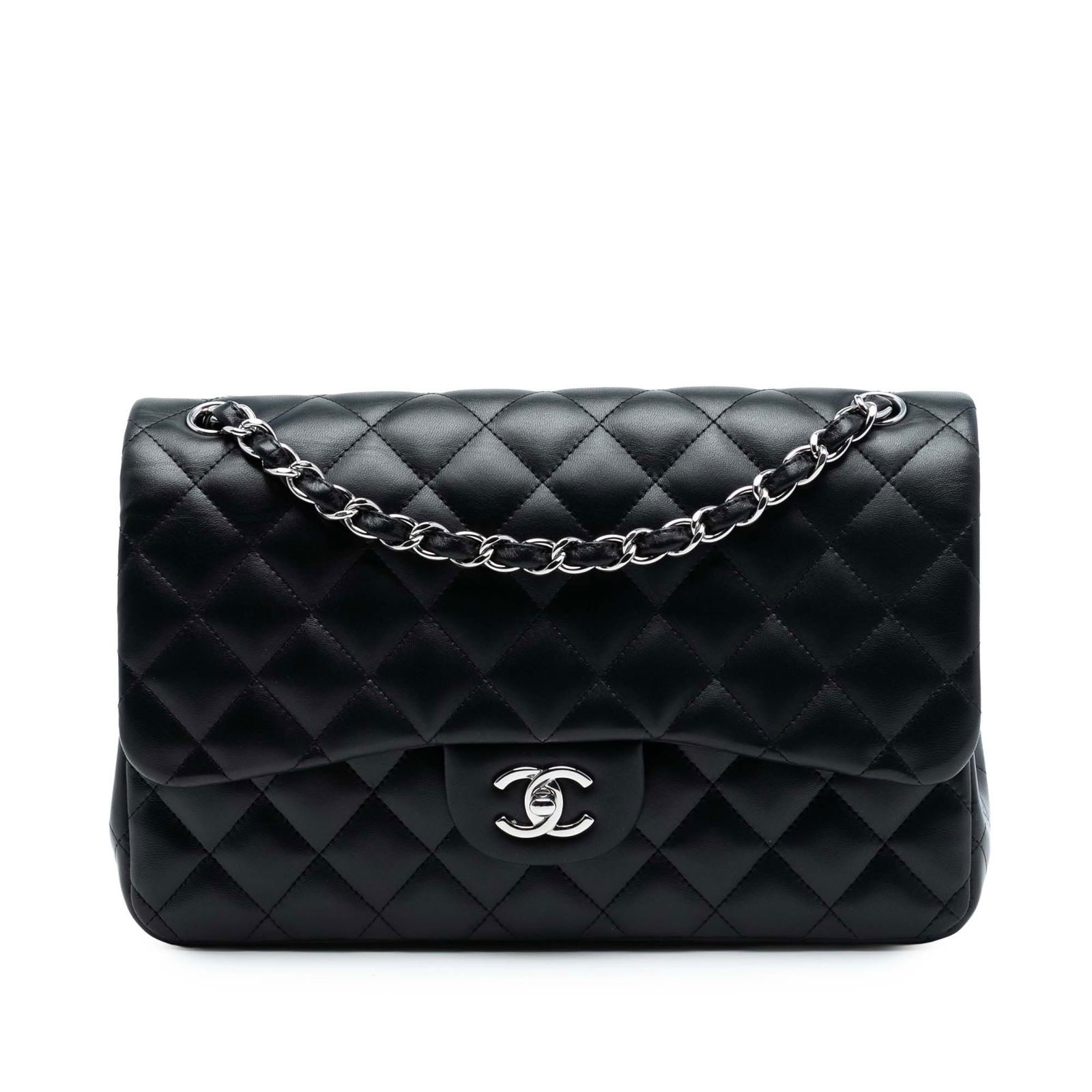 Black Lambskin Shoulder Bag Chanel Jumbo Double Flap Quilted Leather: Black Lambskin Shoulder Bag Chanel Jumbo Double Flap Quilted Leather This Chanel Jumbo Classic Double Flap shoulder bag is crafted from quilted black lambskin leather and features leather-woven chain