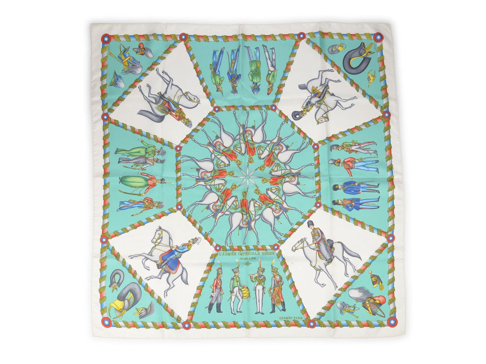 L'Armee Imperiale Russe Silk Scarf by Hermes 35 Inch Square: L'Armee Imperiale Russe Silk Scarf by Hermes 35 Inch Square Hermes "L'Armee Imperiale Russe" scarf crafted from 100% silk features hand rolled edges and displays the striking L'Armee Imperiale Russe p