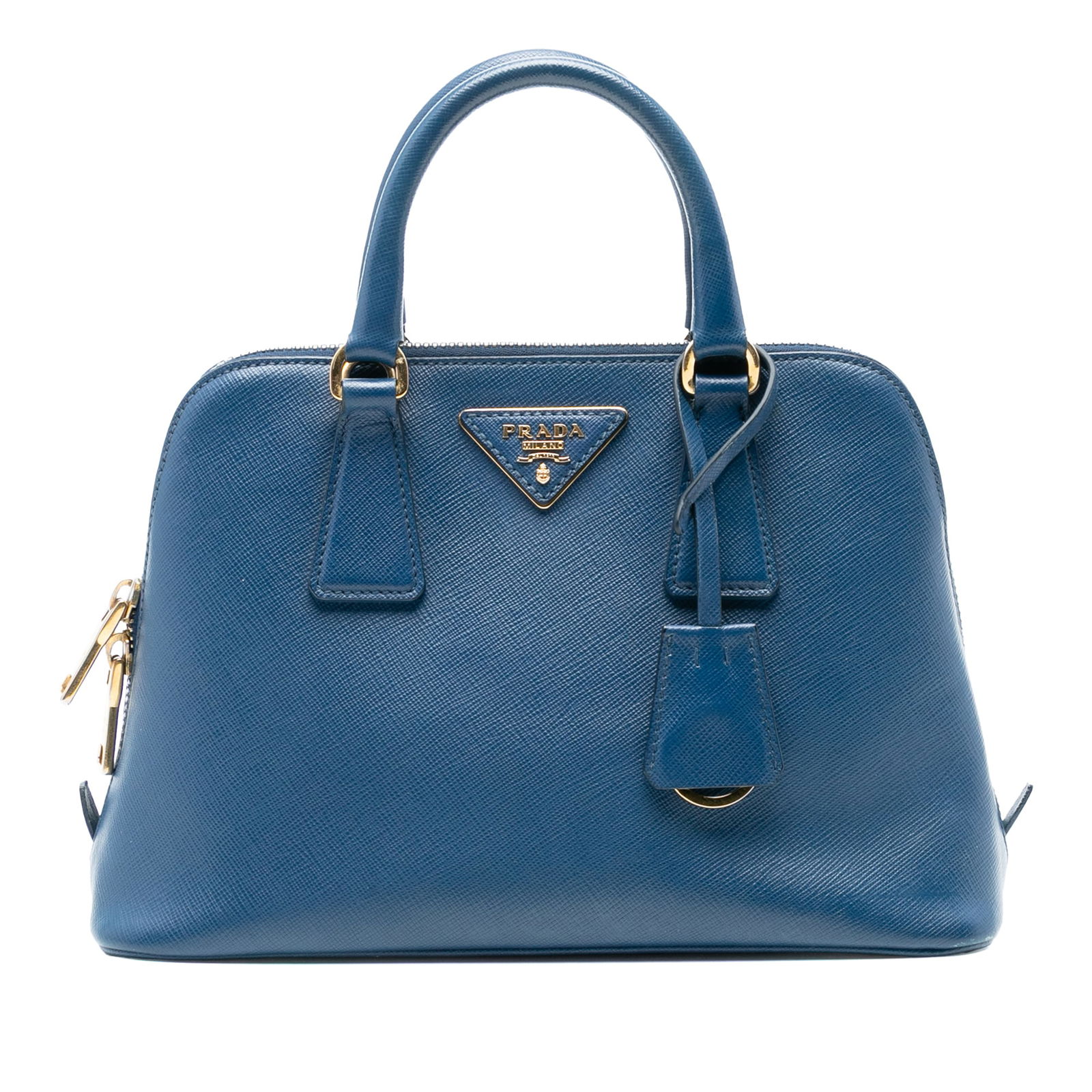 Prada Small Saffiano Lux Promenade Satchel Blue Leather: Prada Small Saffiano Lux Promenade Satchel Blue Leather The Prada Small Saffiano Lux Promenade Satchel showcases a luxurious saffiano leather body in an elegant blue color. It features rolled leather