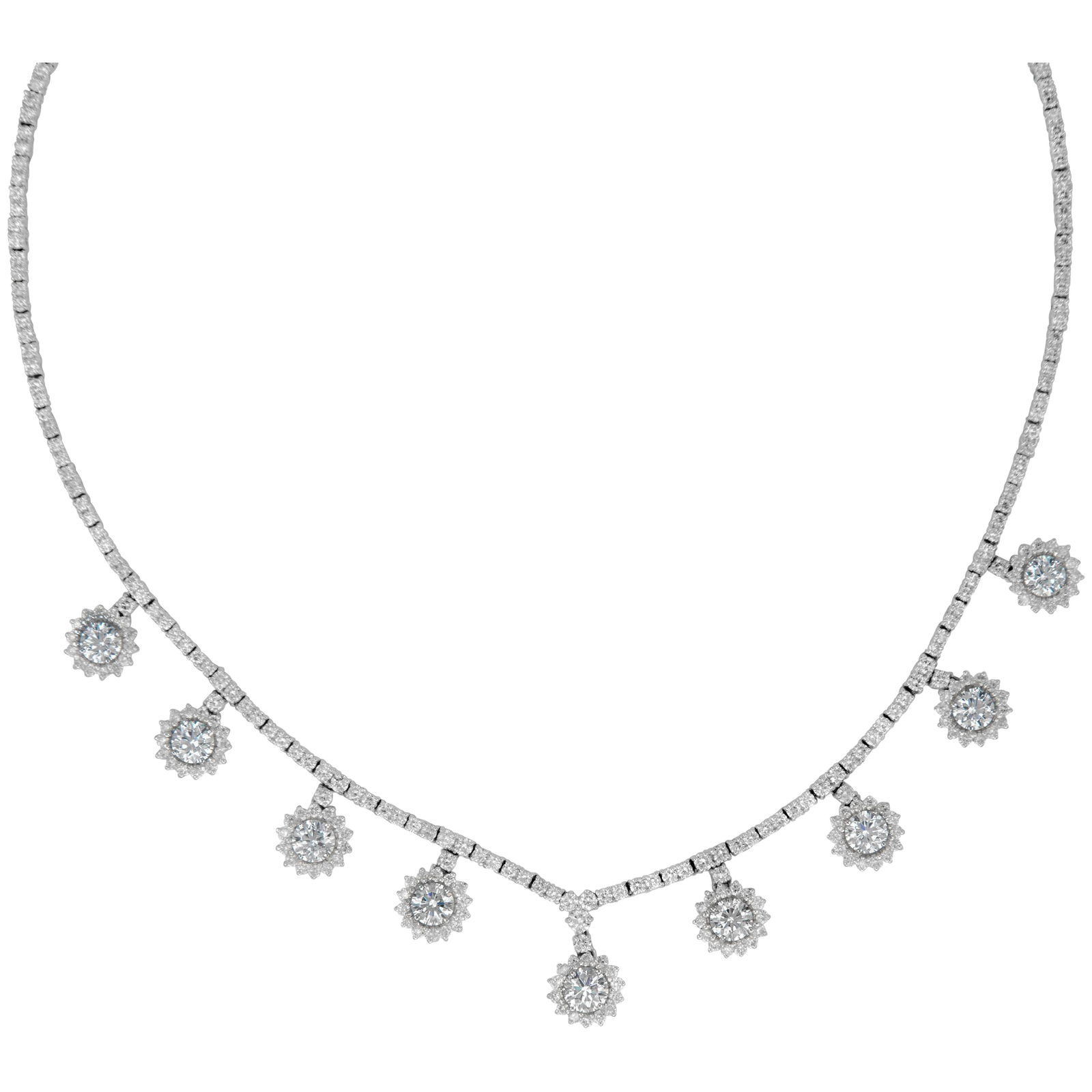 12.76ct Diamond Necklace 18k White Gold Modern Design: 12.76ct Diamond Necklace 18k White Gold Modern Design This exquisite dangling necklace features a stunning total diamond weight of 12.76 carats, showcasing a combination of 9 round brilliant diamonds