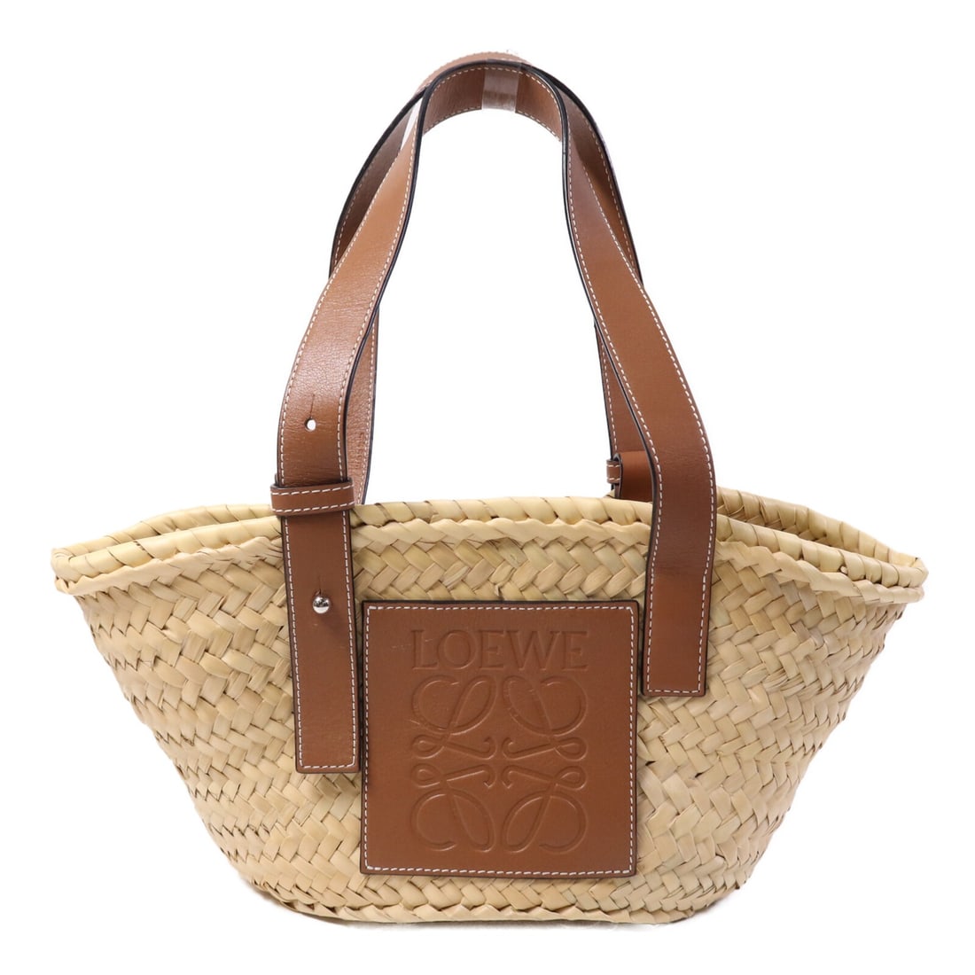 Loewe Brown Raffia and Calfskin Small Basket Handbag Silver Hardware: Loewe Brown Raffia and Calfskin Small Basket Handbag Silver Hardware This LOEWE basket bag is crafted from raffia and calfskin leather in brown. It features a structured design with silver-tone hardwa
