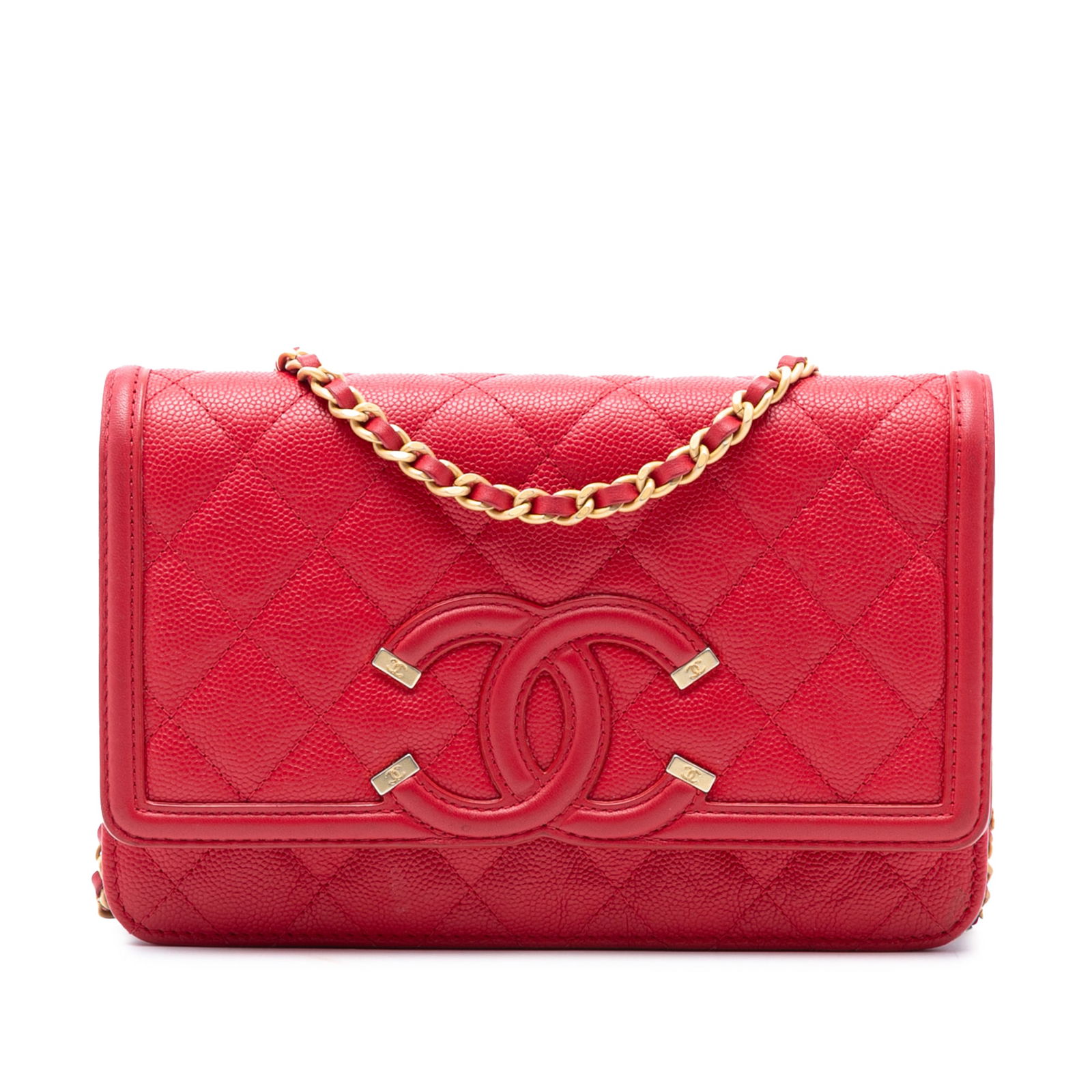 Red Leather Chanel Caviar CC Filigree Wallet On Chain Bag (1 of 7)