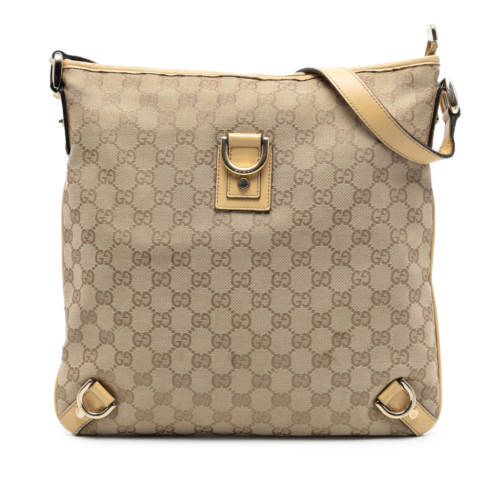 Brown GG Canvas Abbey D Ring Shoulder Bag by Gucci: Brown GG Canvas Abbey D Ring Shoulder Bag by Gucci This Gucci GG Canvas Abbey D Ring Crossbody bag features a brown canvas body with leather trim, an adjustable flat leather strap, a top zip closure,