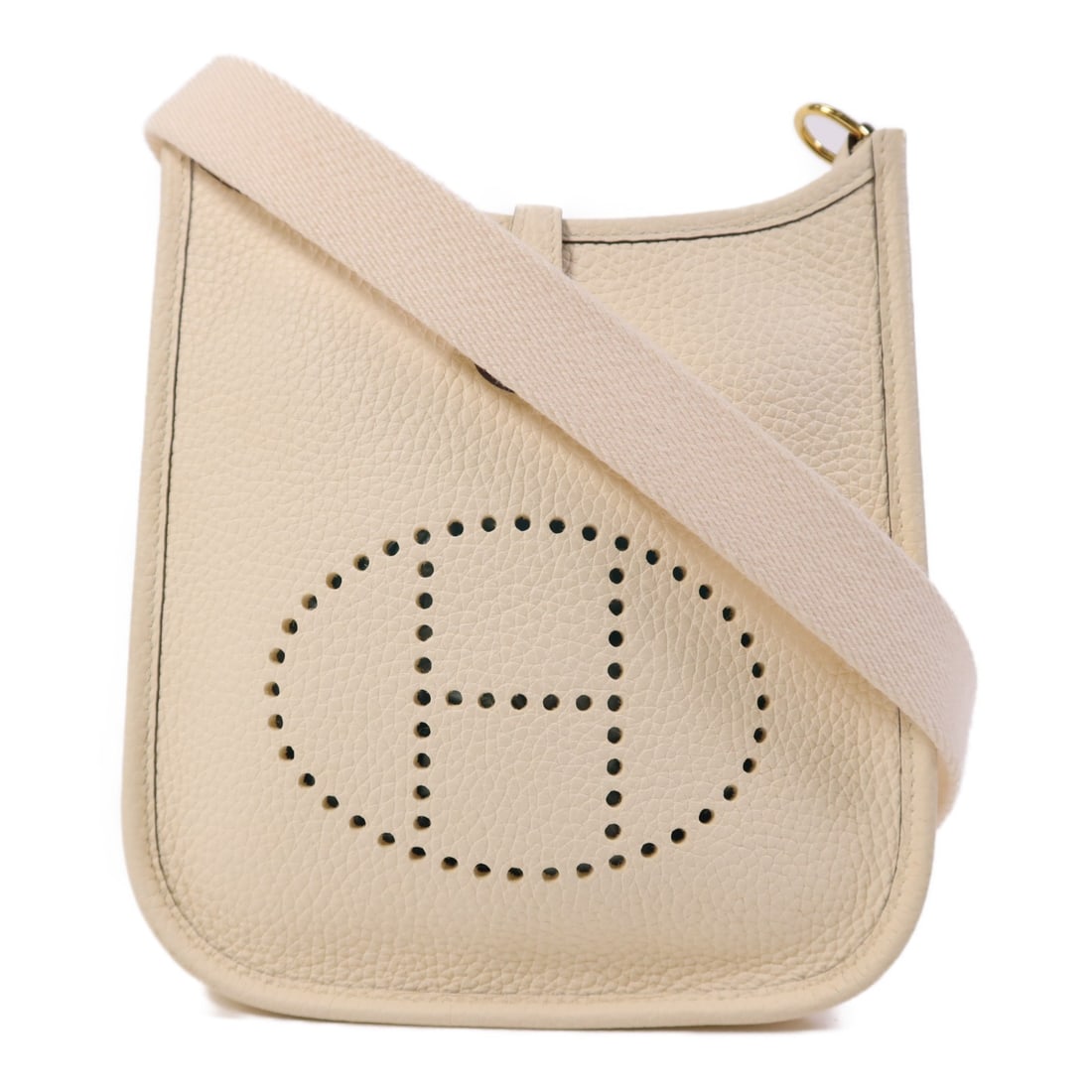 HERMES Evelyne TPM Shoulder Bag Clemence Leather White GHW: HERMES Evelyne TPM Shoulder Bag Clemence Leather White GHW The HERMES Evelyne TPM Shoulder Bag is a stylish accessory crafted from luxurious calfskin leather in a pristine white hue. This elegant bag