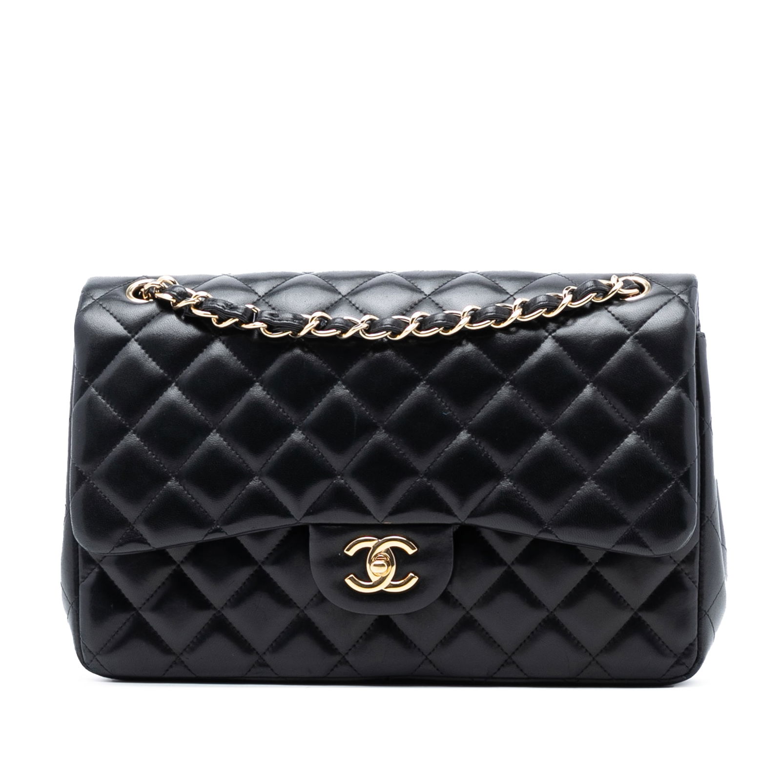 Chanel Jumbo Black Quilted Lambskin Double Flap Shoulder Bag: Chanel Jumbo Black Quilted Lambskin Double Flap Shoulder Bag This Chanel Jumbo Classic Lambskin Double Flap shoulder bag features a quilted lambskin leather body in black, leather-woven chain link str
