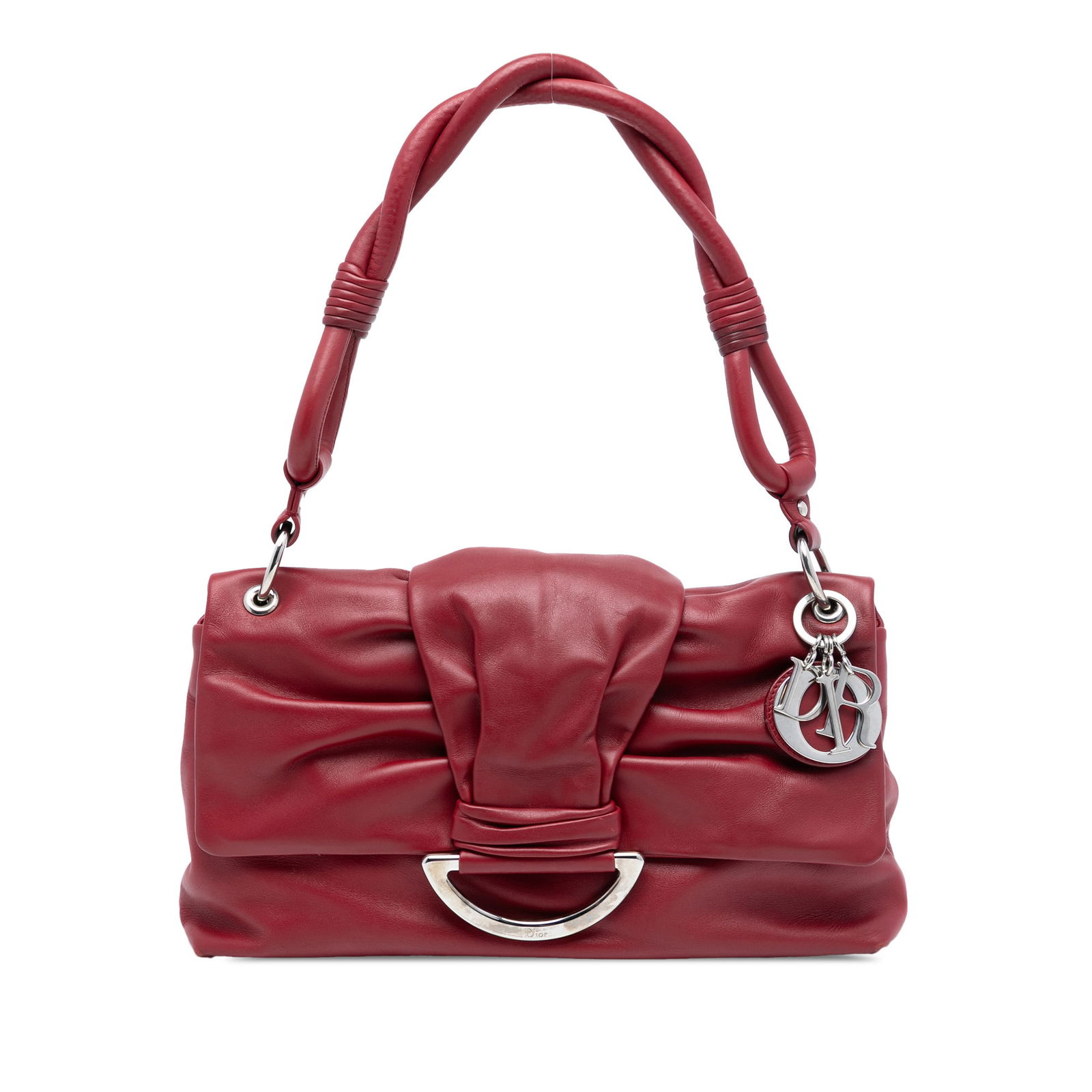 Red Dior Demi Lune Small Leather Flap Bag with Rolled Strap: Red Dior Demi Lune Small Leather Flap Bag with Rolled Strap This Dior Small Lambskin Demi Lune Flap bag features a red leather body, an intertwined rolled leather strap, a front flap with a magnetic s