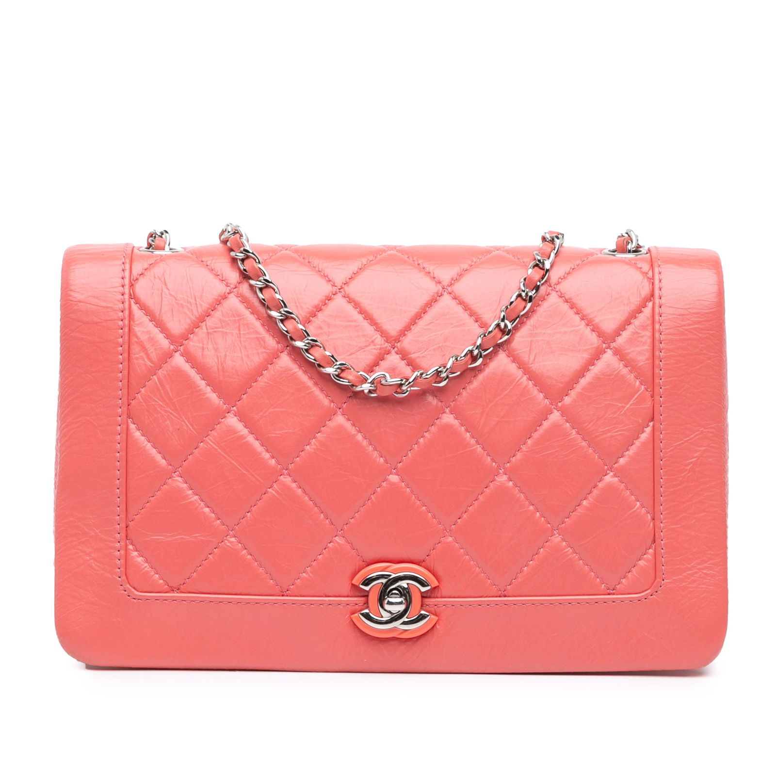 Chanel Vintage Pink Crumpled Calfskin Bi Quilted Full Flap Bag: Chanel Vintage Pink Crumpled Calfskin Bi Quilted Full Flap Bag This elegant Chanel shoulder bag showcases a quilted crumpled calfskin leather body in a charming pink hue. It features leather-woven cha