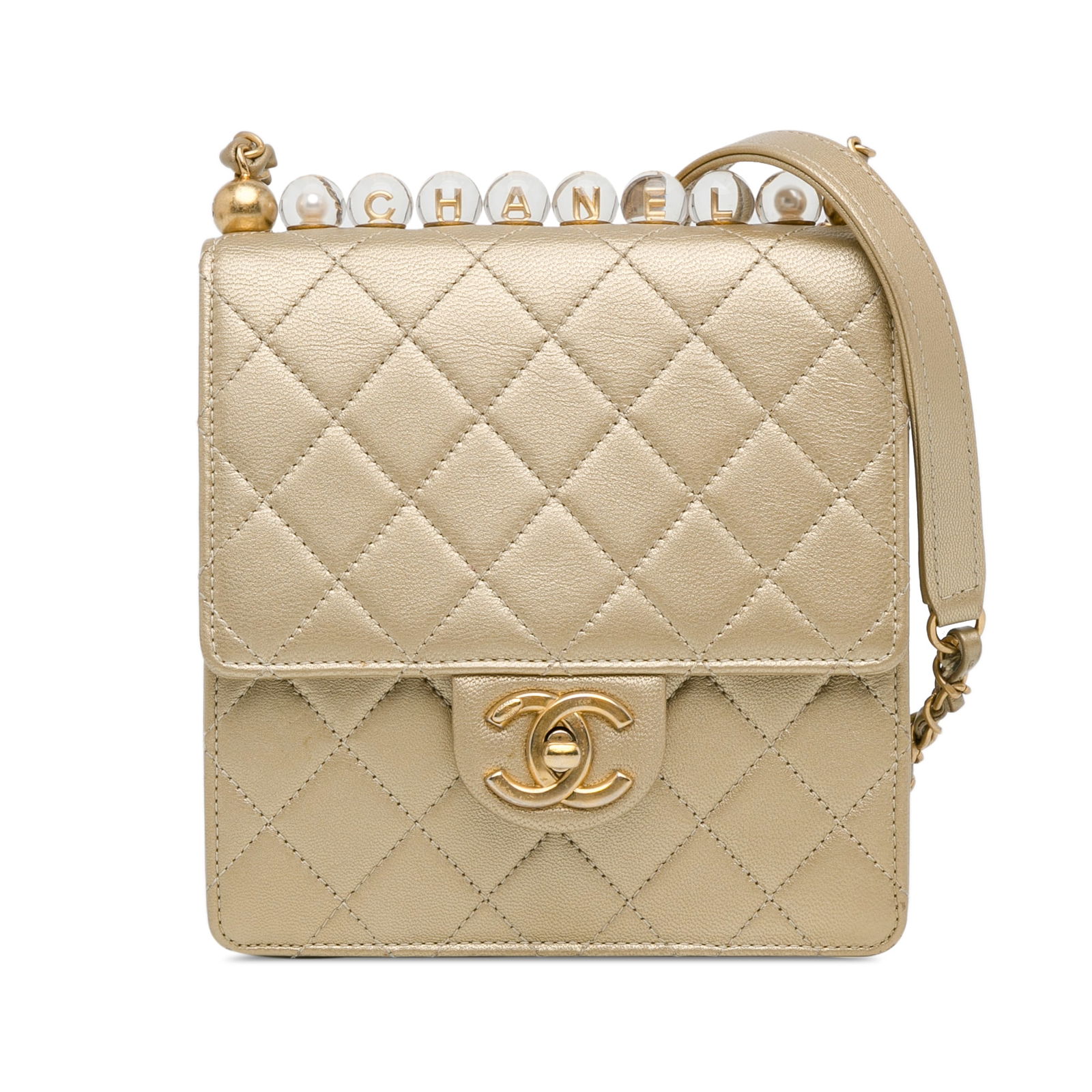Chanel Small Lambskin Chic Pearls Flap Crossbody Bag Gold: Chanel Small Lambskin Chic Pearls Flap Crossbody Bag Gold This stylish Chanel Small Lambskin Chic Pearls Flap crossbody bag showcases a luxurious quilted lambskin leather body adorned with elegant fau