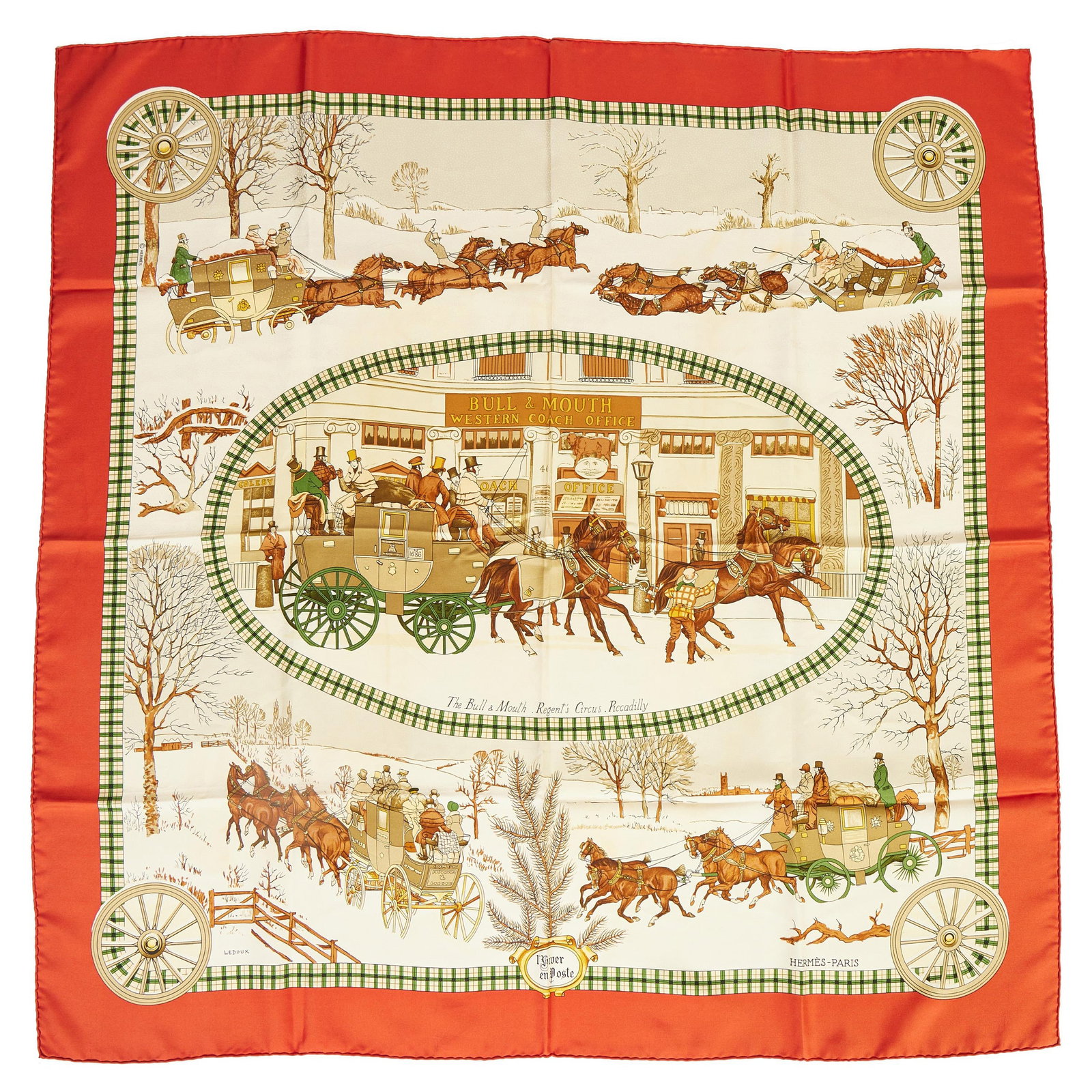 Hermes L'Hiver en Poste Red Beige Silk Scarf by Ledoux: Hermes L'Hiver en Poste Red Beige Silk Scarf by Ledoux Elevate your accessory collection with this exquisite Hermes L'Hiver en Poste silk scarf. Crafted in France, this collectible piece features a st