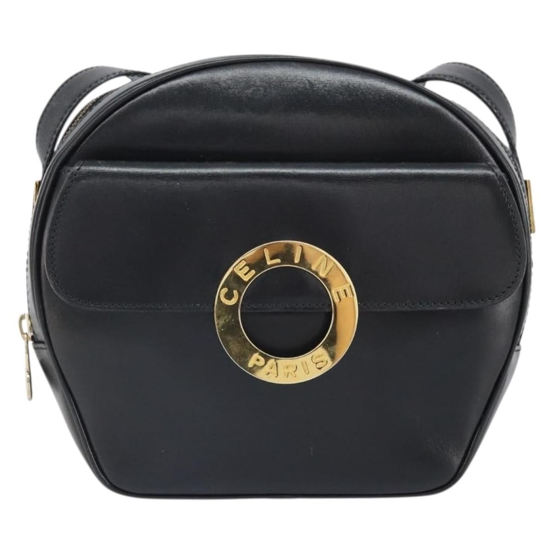 Celine Leather Shoulder Bag Circle Logo Black 21cm x 18cm x 7cm: Celine Leather Shoulder Bag Circle Logo Black 21cm x 18cm x 7cm This Celine Circle Logo Shoulder Bag is crafted from black leather with a compact design. It features a shoulder strap and metal fitting