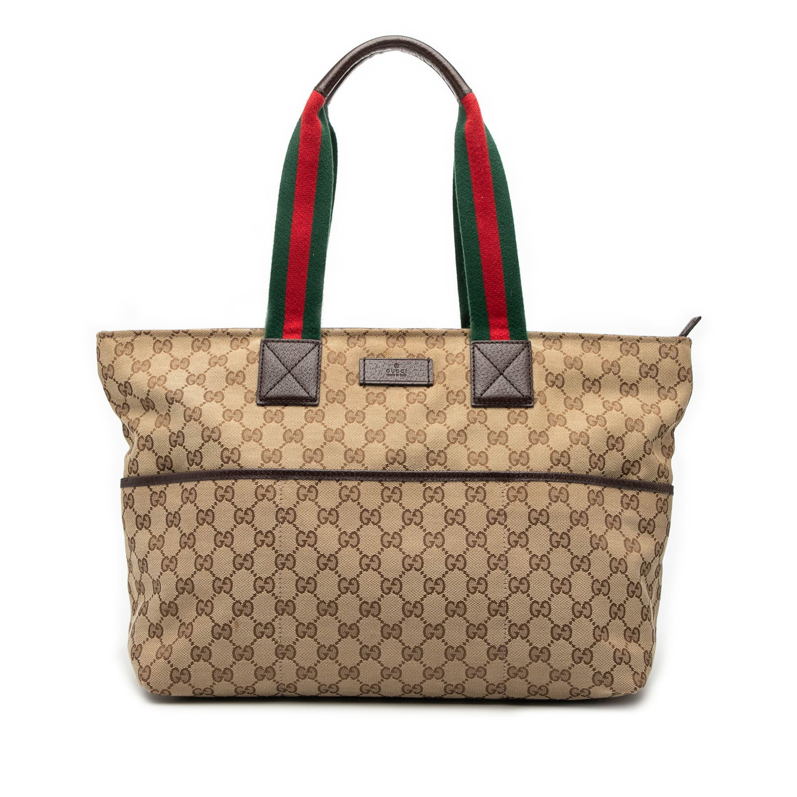 Brown GG Canvas Web Tote Bag with Leather Trim by Gucci: Brown GG Canvas Web Tote Bag with Leather Trim by Gucci This Gucci GG Canvas Web Tote features a durable canvas body with leather trim, flat canvas shoulder straps, a top zip closure, exterior slip po