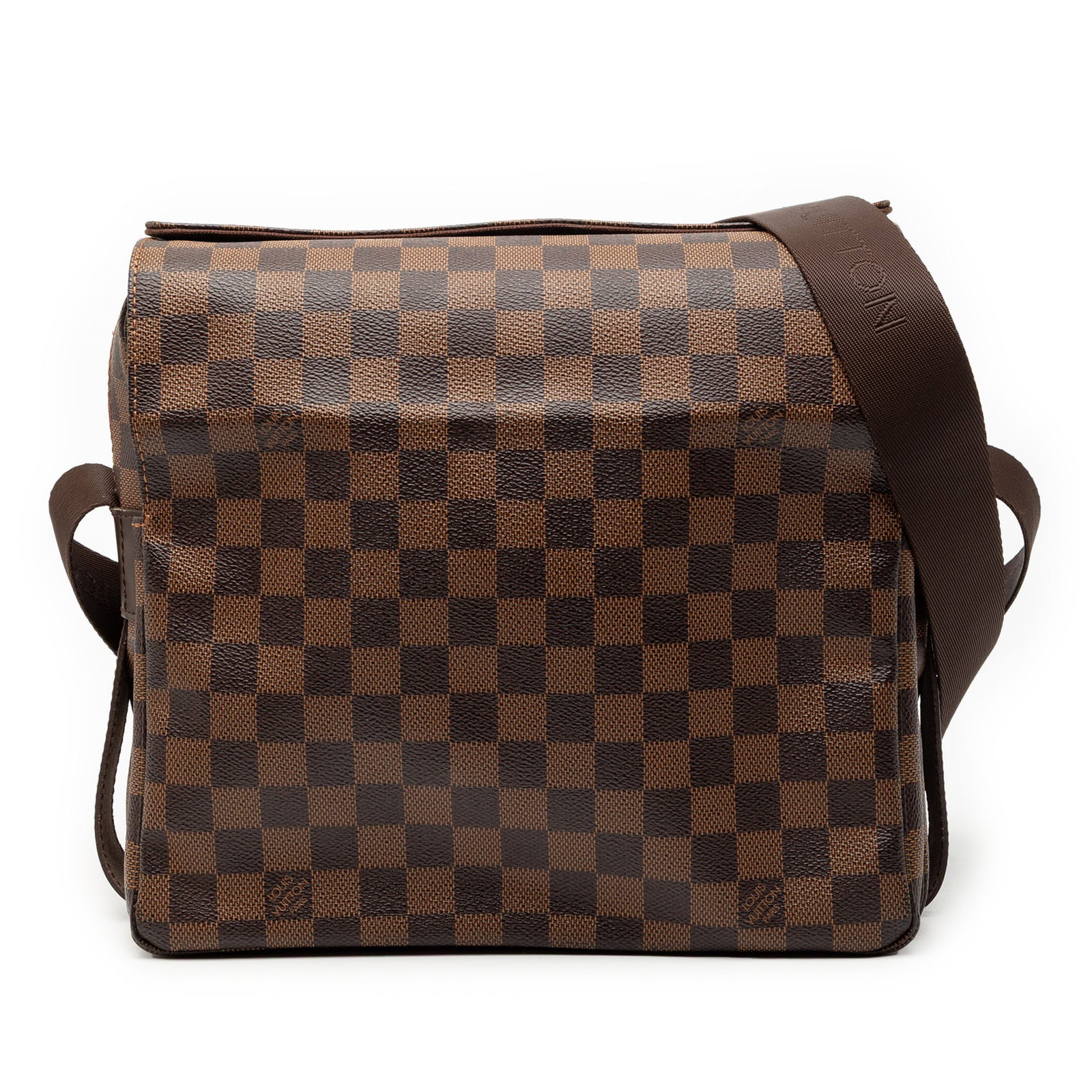 Damier Ebene Naviglio Shoulder Bag by Louis Vuitton: Damier Ebene Naviglio Shoulder Bag by Louis Vuitton The Louis Vuitton Damier Ebene Naviglio features a brown Damier Ebene canvas body with an adjustable flat strap, a top flap with snap closure, a top