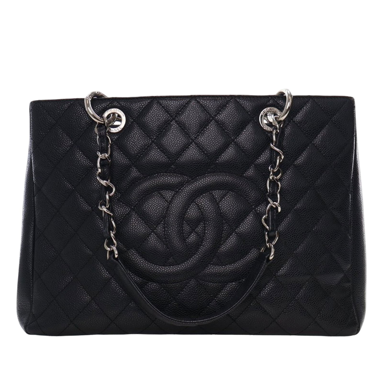 Black Caviar Leather Grand Shopping Tote by Chanel with Quilted Design: Black Caviar Leather Grand Shopping Tote by Chanel with Quilted Design This Chanel Grand Shopping Tote is crafted from quilted Caviar leather and features leather-woven chain shoulder straps, an open