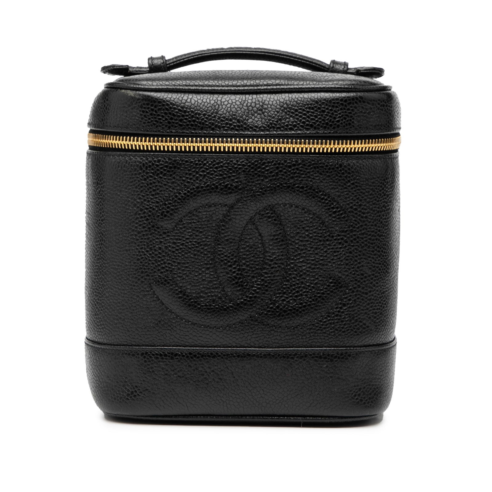 Black Caviar Leather Vanity Bag with Top Handle by Chanel CC: Black Caviar Leather Vanity Bag with Top Handle by Chanel CC This Chanel CC Caviar Vanity Bag is crafted from black caviar leather and features a flat leather top handle, a zip-around closure, and an