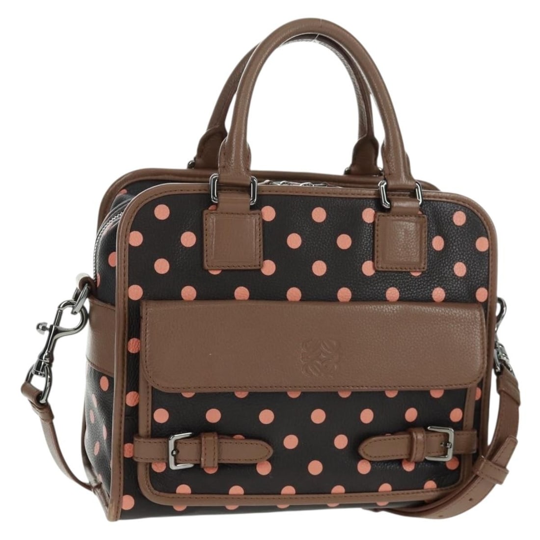 Loewe Cruz Dark Brown Leather Convertible Handbag with Shoulder Strap: Loewe Cruz Dark Brown Leather Convertible Handbag with Shoulder Strap This LOEWE Cruz hand bag features a versatile 2-way design crafted from dark brown leather with silver-tone accents. Designed for