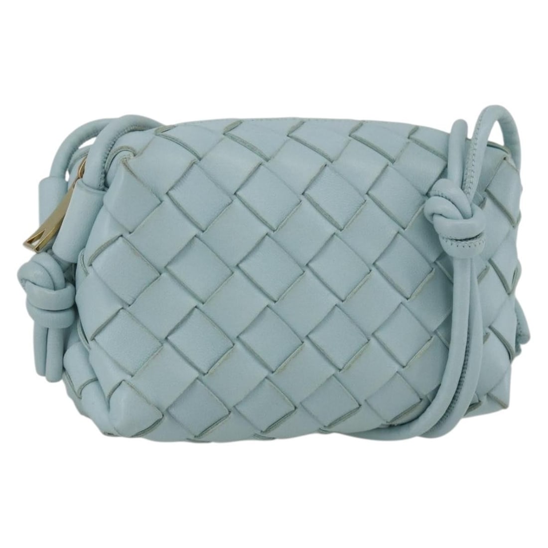 Bottega Veneta Intrecciato Light Blue Leather Shoulder Bag with Dust Bag: Bottega Veneta Intrecciato Light Blue Leather Shoulder Bag with Dust Bag This Bottega Veneta Intrecciato shoulder bag features a light blue leather exterior with gold accents. The compact design inclu