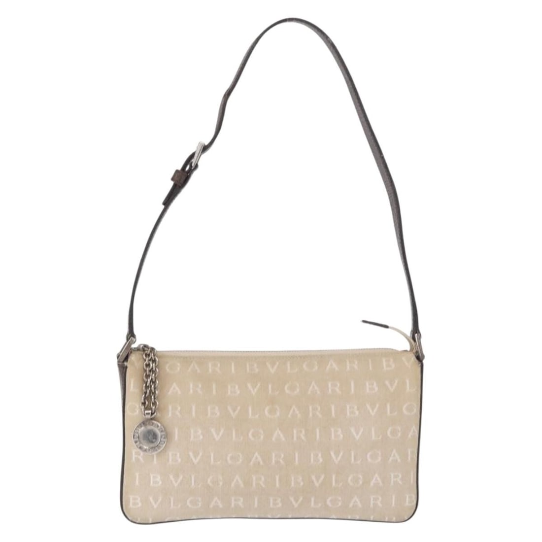 Beige Canvas Bvlgari Women's Pouch 22cm by 13cm by 3cm: Beige Canvas Bvlgari Women's Pouch 22cm by 13cm by 3cm This Bvlgari pouch for women is crafted from beige canvas with leather accents. The exterior shows slight rubbing, stains, and some thread frayin