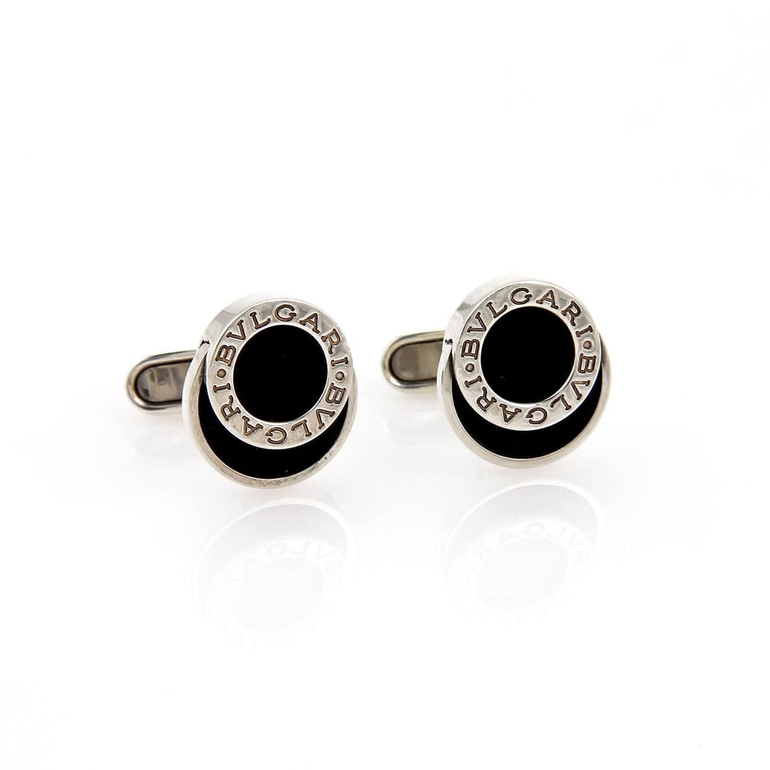 Sterling Silver Onyx Button Cufflinks by Bvlgari with Engraved Design (1 of 5)