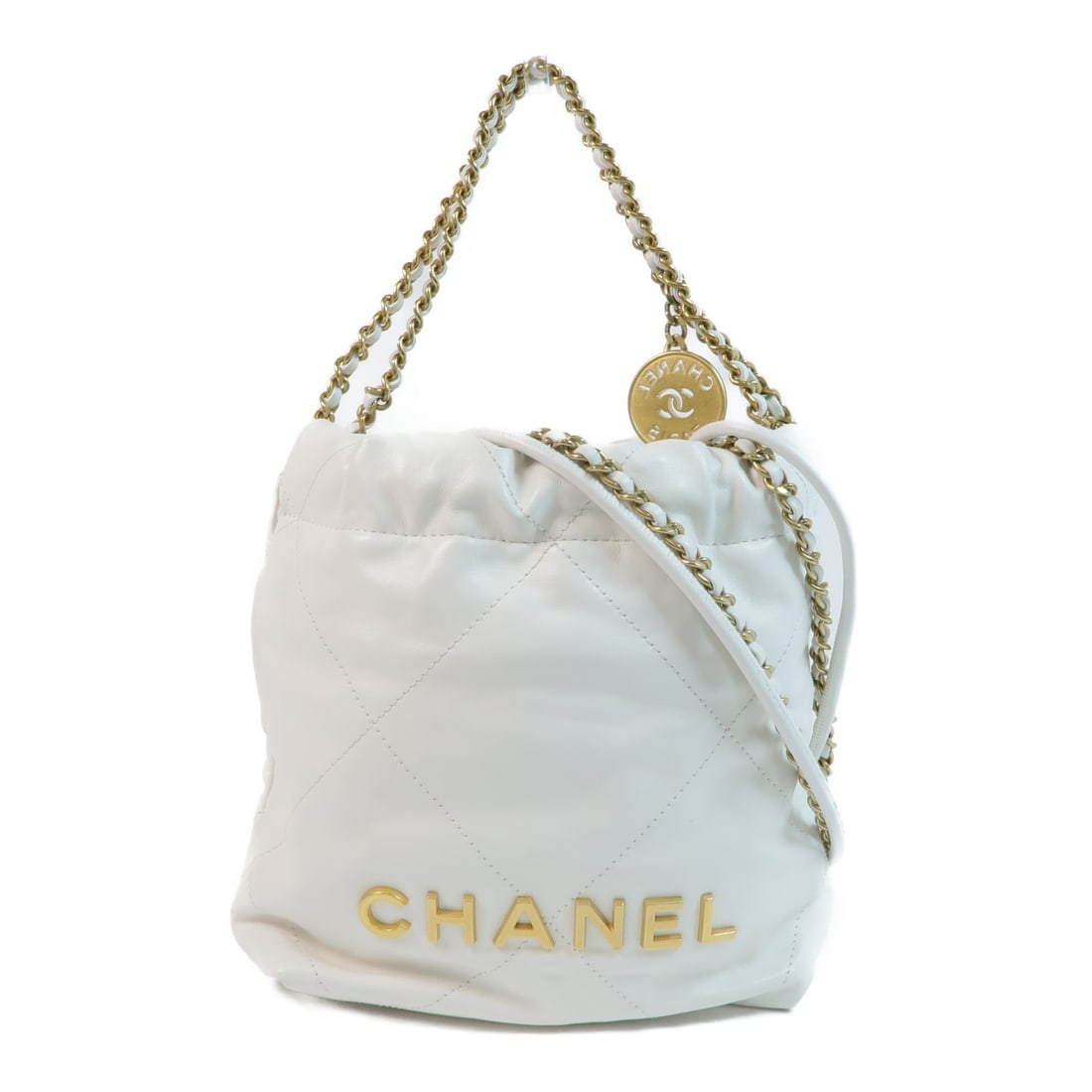 White Chanel Mini Calfskin 2Way Shoulder Handbag with Gold Tone CC: White Chanel Mini Calfskin 2Way Shoulder Handbag with Gold Tone CC This CHANEL CC Mini Handbag is crafted from white calfskin leather and features a versatile 2-way design that can be used as a should