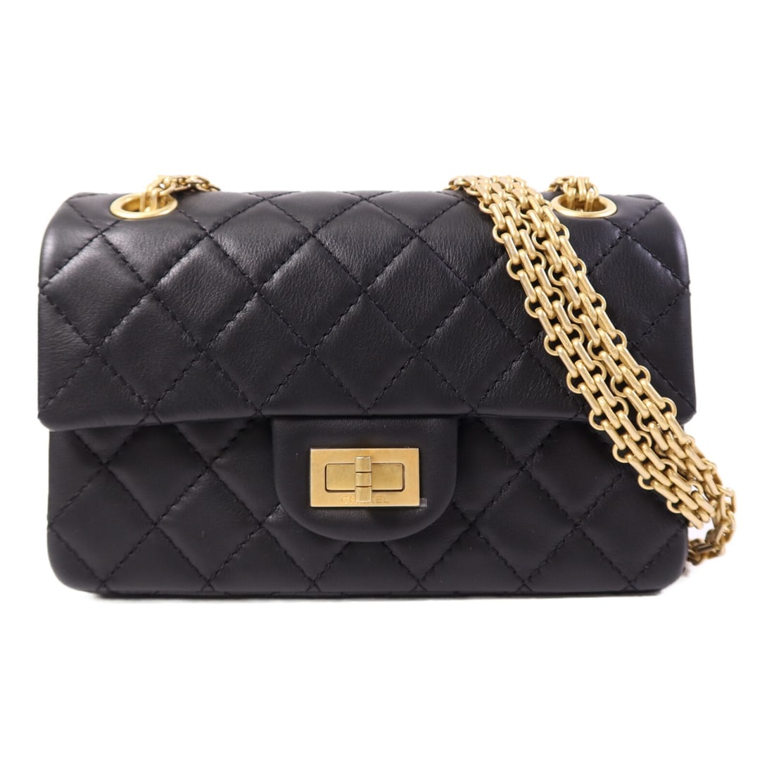 Chanel Mini 2.55 Black Calfskin Shoulder Bag with CC Gold Hardware: Chanel Mini 2.55 Black Calfskin Shoulder Bag with CC Gold Hardware This CHANEL CC Mini 2.55 Chain Shoulder Bag showcases black calfskin leather with a classic design. The bag is crafted in France and