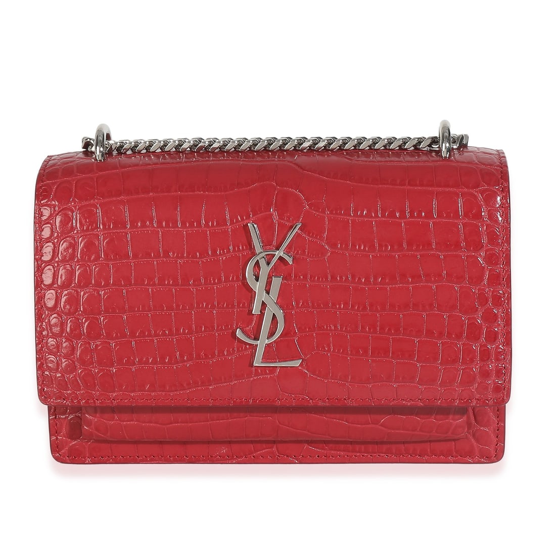 Saint Laurent Red Crocodile Embossed Monogram Sunset Chain Wallet: Saint Laurent Red Crocodile Embossed Monogram Sunset Chain Wallet Elevate your accessory collection with this stunning Saint Laurent Monogram Sunset Chain Wallet, crafted from luxurious red calfskin w