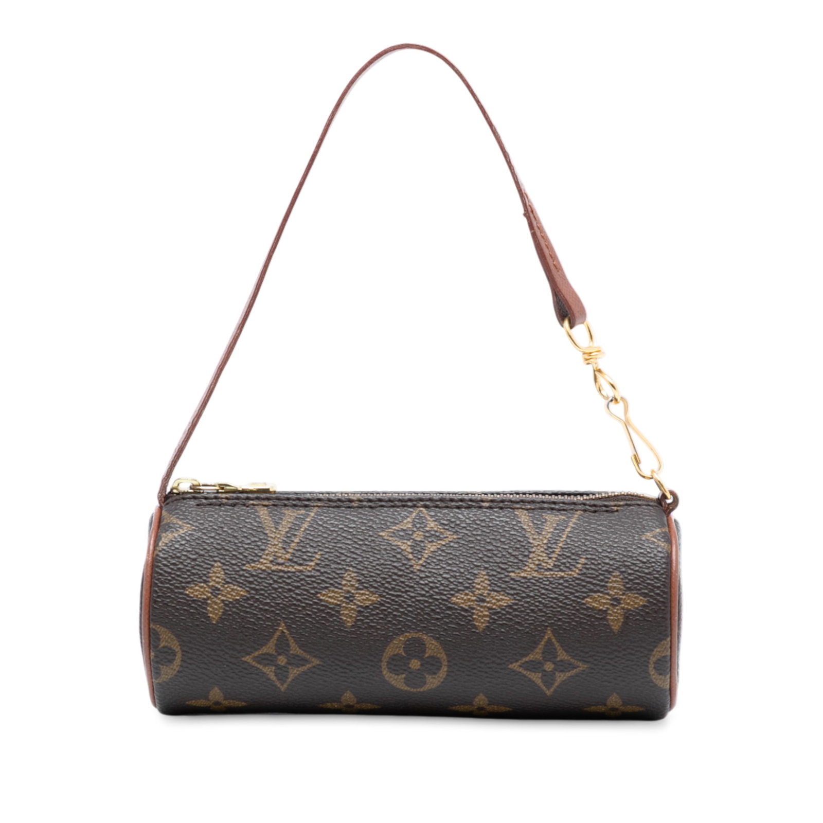 Louis Vuitton Papillon Pochette Bag in Monogram Canvas with Leather Strap: Louis Vuitton Papillon Pochette Bag in Monogram Canvas with Leather Strap The Louis Vuitton Monogram Papillon Pochette features a brown monogram canvas body, a flat leather strap, and a top zip closur