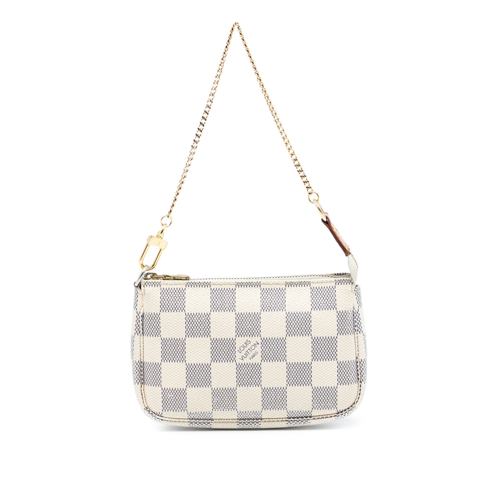 Damier Azur canvas mini bag with chain strap by Louis Vuitton: Damier Azur canvas mini bag with chain strap by Louis Vuitton This Louis Vuitton Damier Azur Mini Pochette Accessoires features the signature Damier Azur canvas, a detachable chain strap, and a top zi