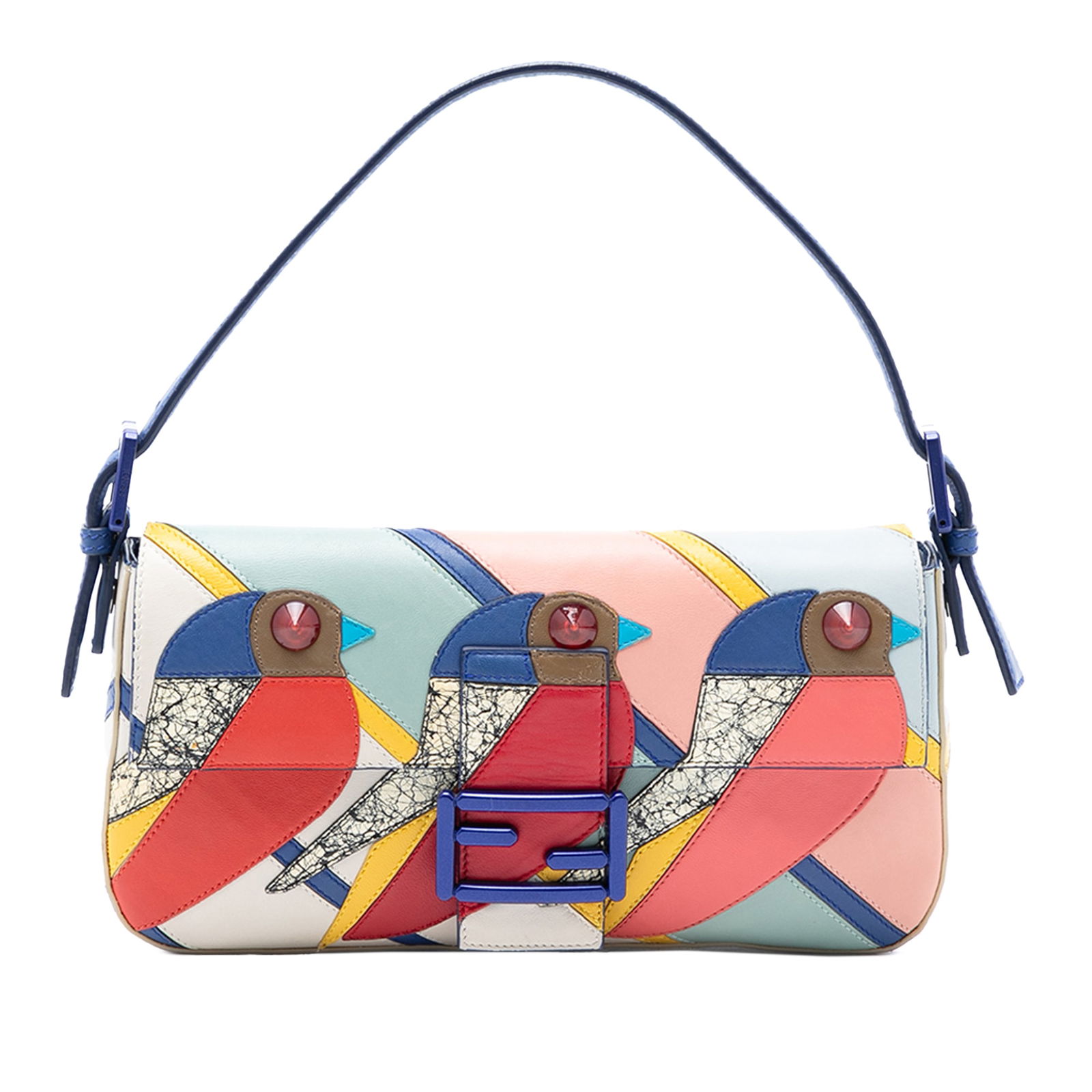 Fendi QuTweet Bird Baguette Patchwork Blue Leather Shoulder Bag: Fendi QuTweet Bird Baguette Patchwork Blue Leather Shoulder Bag This Fendi Patchwork Leather QuTweet Bird Baguette shoulder bag features a distinctive patchwork leather design in blue, an adjustable f