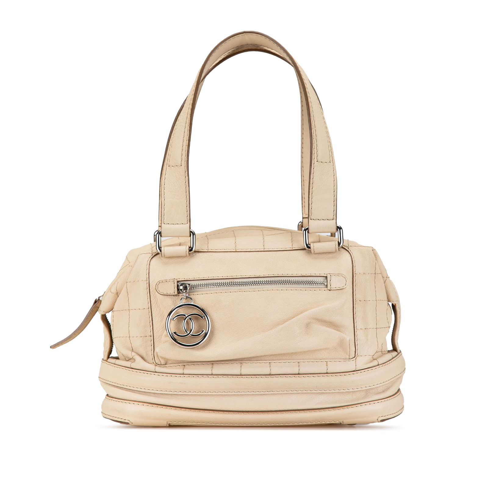 Chanel Goatskin Square Stitch Essential Bowler Bag Brown Leather: Chanel Goatskin Square Stitch Essential Bowler Bag Brown Leather The Chanel Goatskin Square Stitch Essential Bowler handbag combines elegance and functionality. Crafted from high-quality goatskin leat
