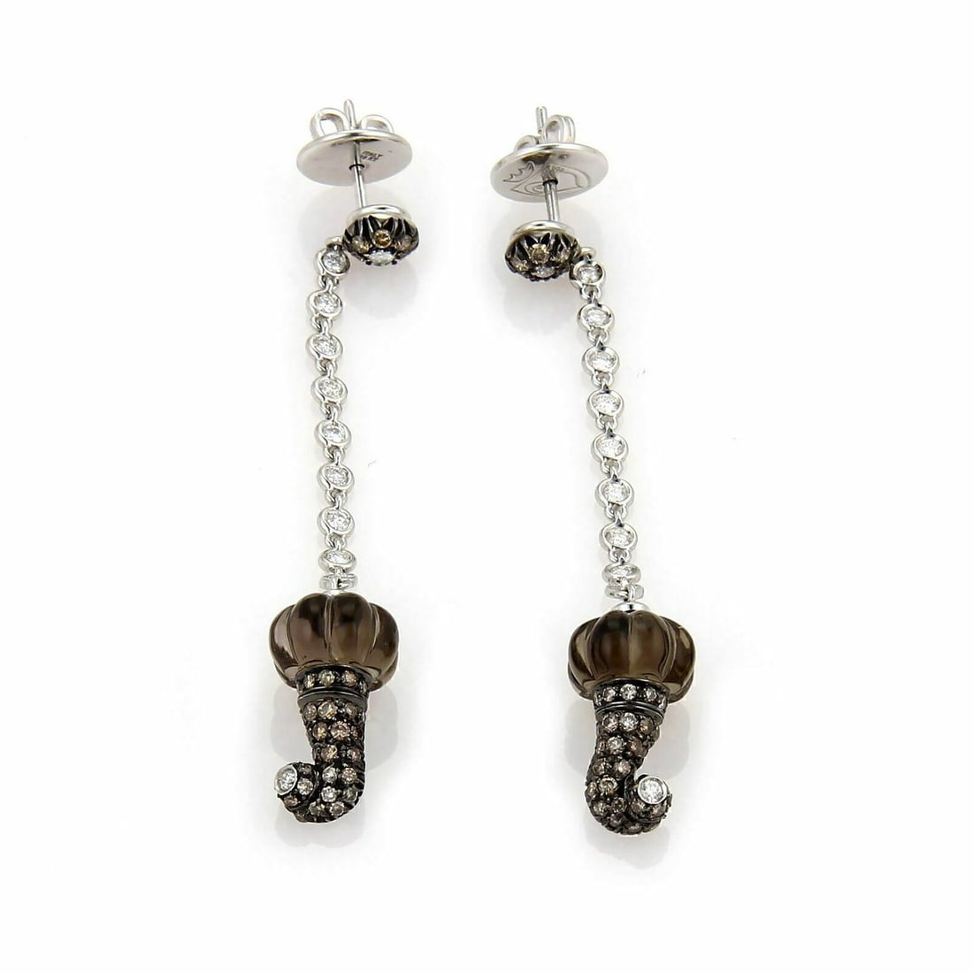 18k White Gold Dangle Earrings with Diamonds and Smoky Quartz by Chantecler: 18k White Gold Dangle Earrings with Diamonds and Smoky Quartz by Chantecler These Chantecler dangle earrings feature a sophisticated combination of diamonds and smoky quartz set in 18k white gold. The