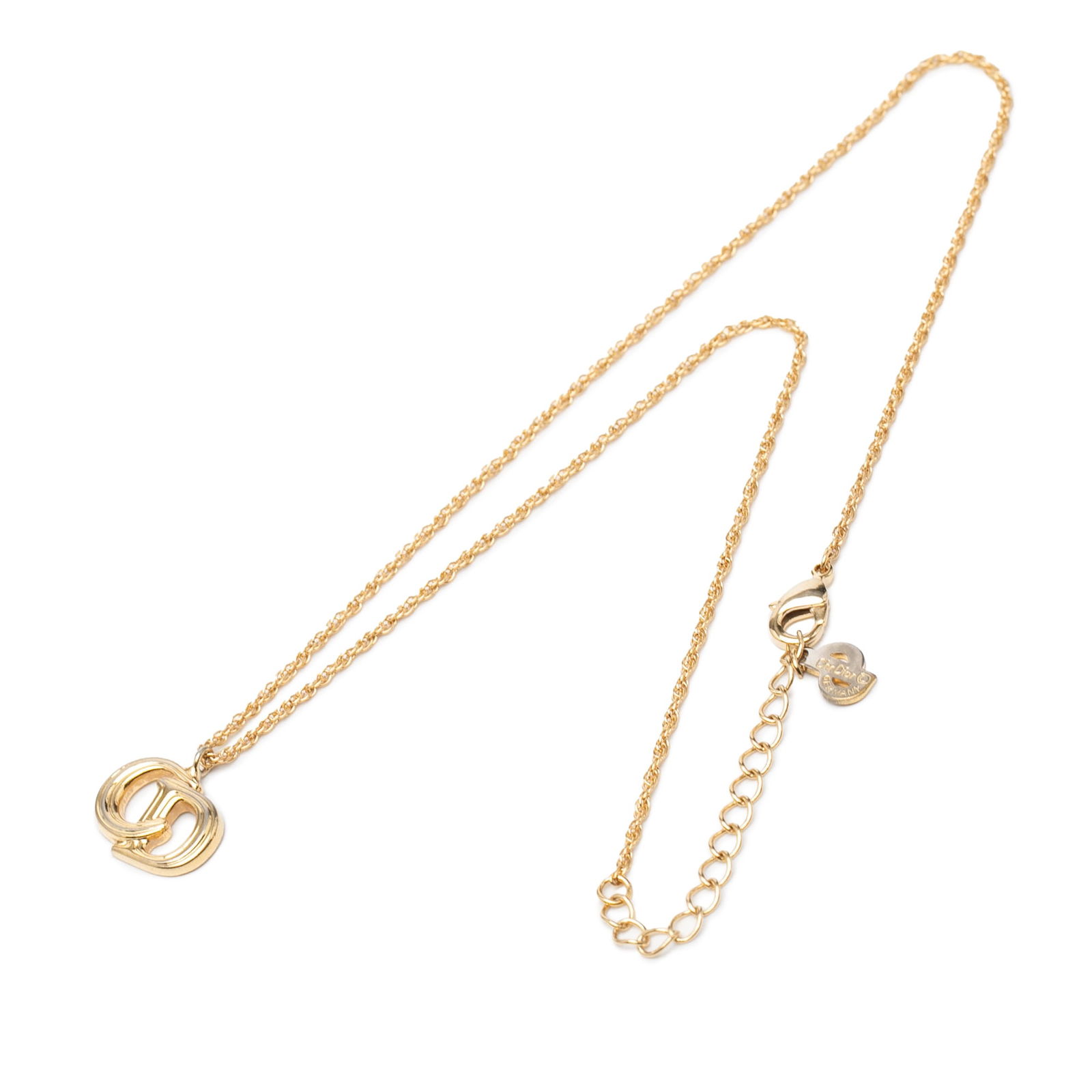 Dior CD Logo Gold Tone Pendant Necklace with Lobster Clasp: Dior CD Logo Gold Tone Pendant Necklace with Lobster Clasp This Dior necklace features a gold-tone metal body with a CD logo pendant and secures with a lobster clasp closure. The necklace is categoriz