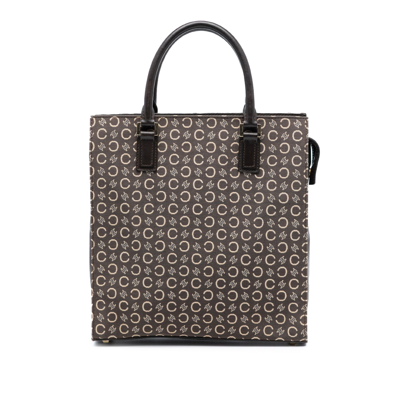 C Macadam Canvas Brown Tote Bag by Celine with Leather Handles: C Macadam Canvas Brown Tote Bag by Celine with Leather Handles The Celine C Macadam Canvas Tote is crafted with a brown canvas body and features rolled leather handles. It is designed with a top zip c