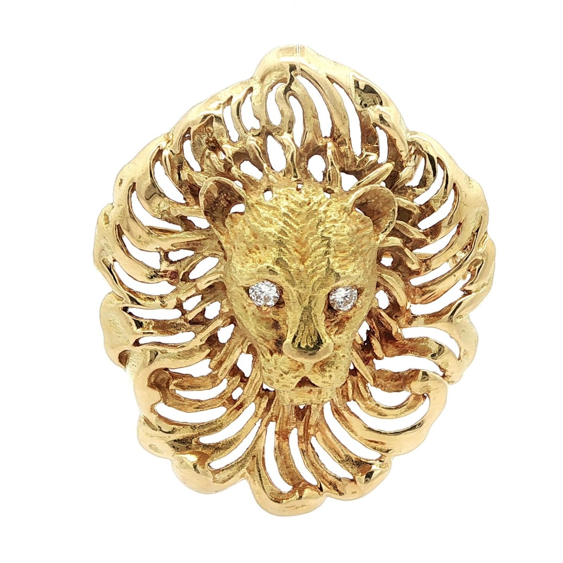 18k Yellow Gold Lion Head Brooch with Diamond Eyes: 18k Yellow Gold Lion Head Brooch with Diamond Eyes This exquisite 18k Yellow Gold Lion Head Pin Brooch Pendant features two natural round brilliant cut diamonds, skillfully pave set to create striking