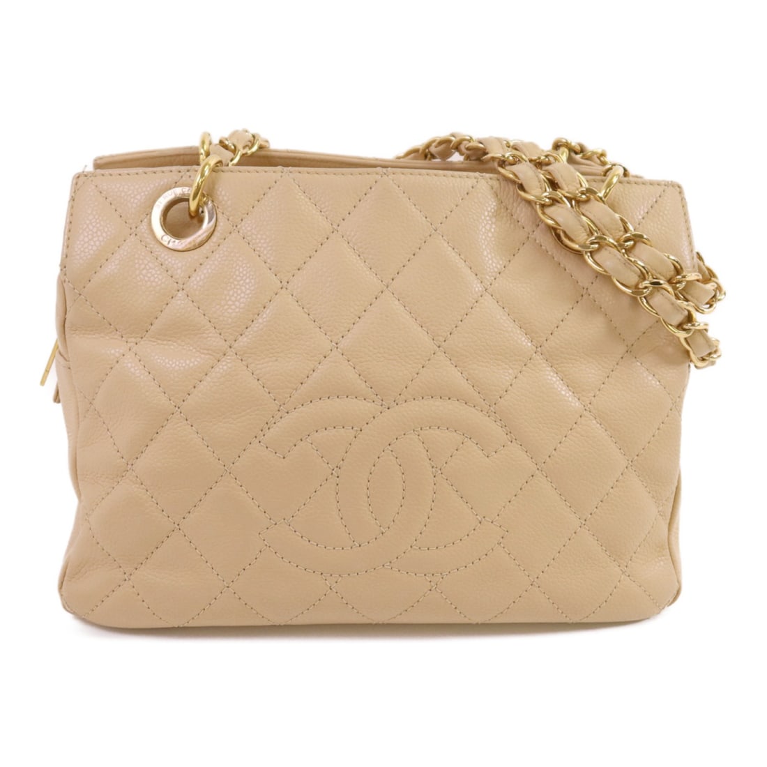 Beige Calfskin Chanel Shoulder Bag with CC Logo and Gold Tone Chain: Beige Calfskin Chanel Shoulder Bag with CC Logo and Gold Tone Chain This CHANEL CC shoulder bag features beige calfskin leather and gold-tone hardware. Designed with a classic chain strap, it offers a