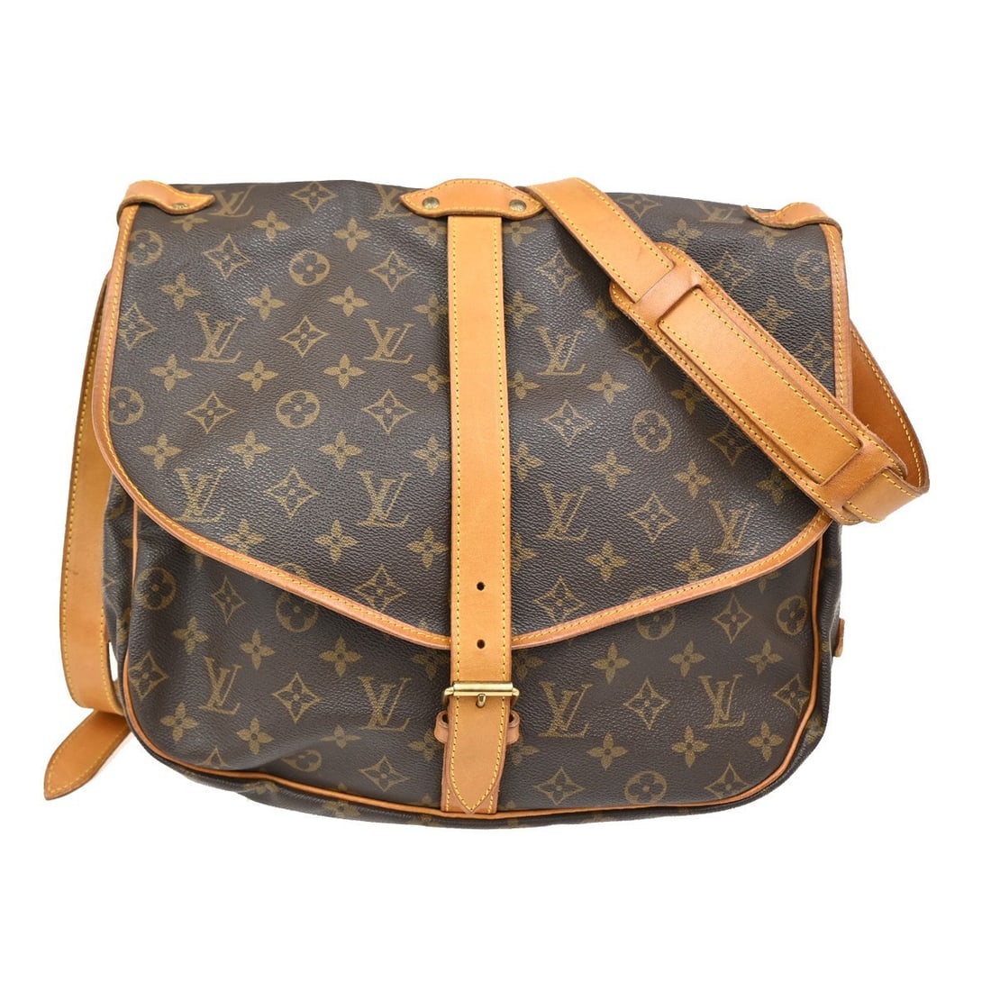Monogram Canvas Saumur Shoulder Bag by Louis Vuitton: Monogram Canvas Saumur Shoulder Bag by Louis Vuitton The Louis Vuitton Saumur Handbag features the signature Monogram canvas in brown, designed for unisex use. This pre-owned bag is in good condition,