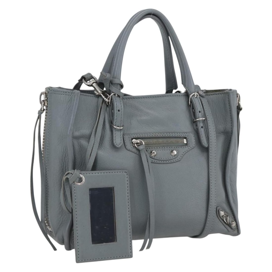 Balenciaga Paper Mini Gray Leather Bag with Shoulder Strap and Mirror: Balenciaga Paper Mini Gray Leather Bag with Shoulder Strap and Mirror This Balenciaga Paper Mini Handbag features a versatile 2-way design, crafted from gray and silver leather. The bag includes a det