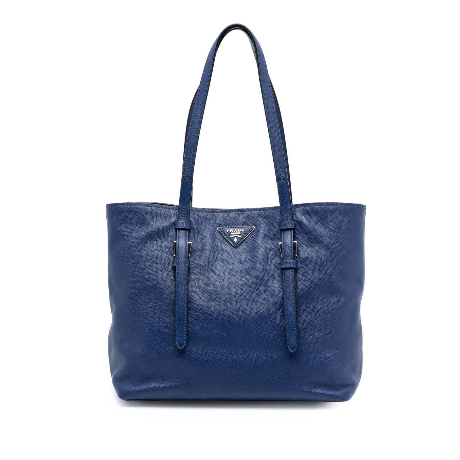 Blue Saffiano Leather Tote Bag by Prada with Magnetic Snap Closure: Blue Saffiano Leather Tote Bag by Prada with Magnetic Snap Closure This Prada Saffiano Soft Shopping Tote is crafted from blue Saffiano leather and features flat leather straps, an open top with a mag